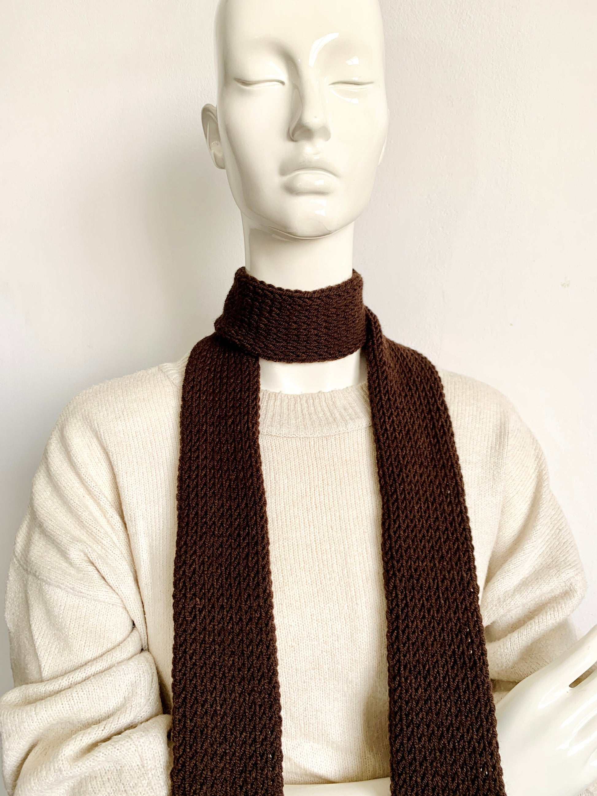Handmade cocoa brown knit skinny scarf for women, long double-sided tube scarf tie, soft and lightweight accessory for everyday wear or gifting