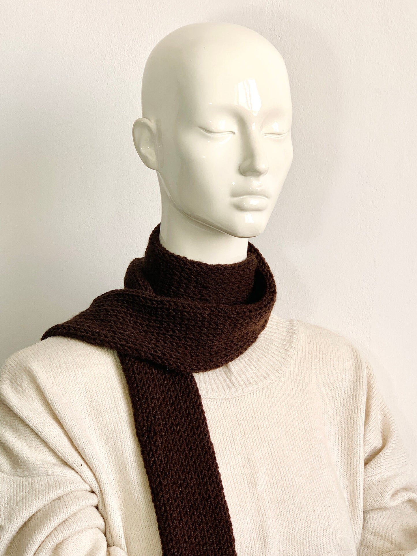 Handmade cocoa brown knit skinny scarf for women, long double-sided tube scarf tie, soft and lightweight accessory for everyday wear or gifting