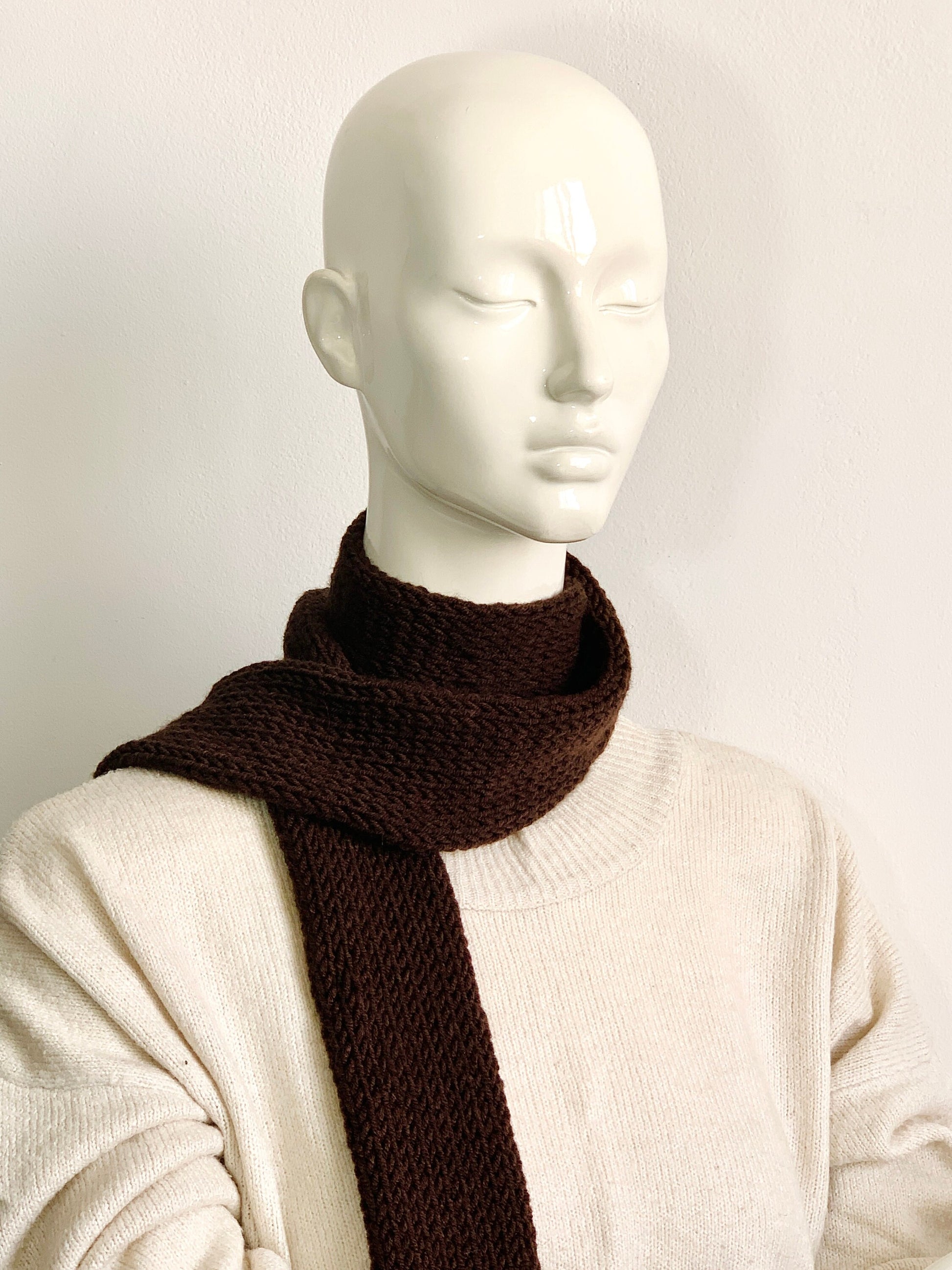 Handmade cocoa brown knit skinny scarf for women, long double-sided tube scarf tie, soft and lightweight accessory for everyday wear or gifting