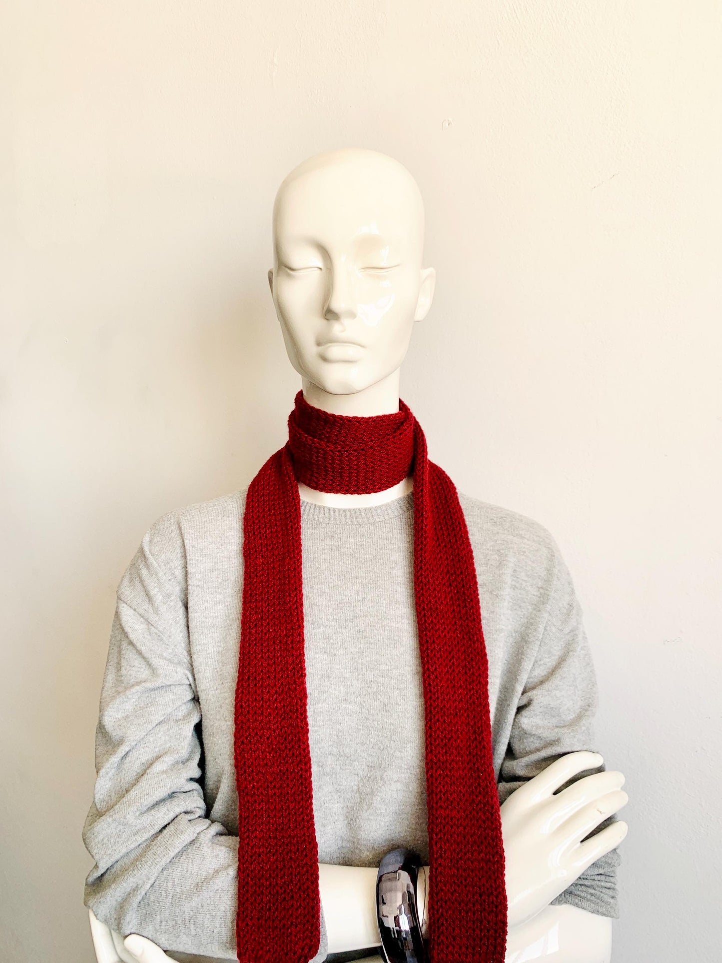 Handmade maroon knit skinny scarf for women, long burgundy double-sided tube scarf tie, soft and lightweight accessory for everyday wear or gifting