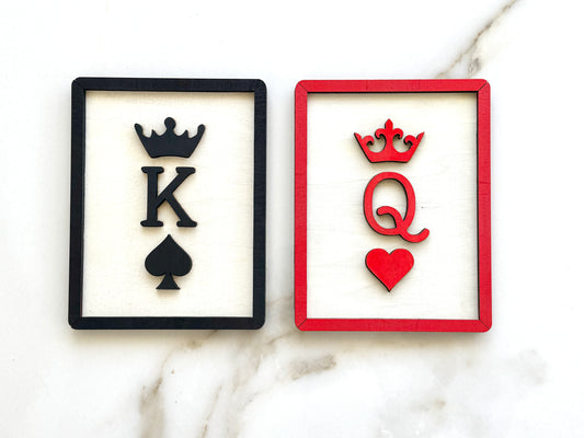 Wooden King and Queen wall sign set with playing card symbols – great for his and hers bathroom decor, bedroom, or kids’ doors.