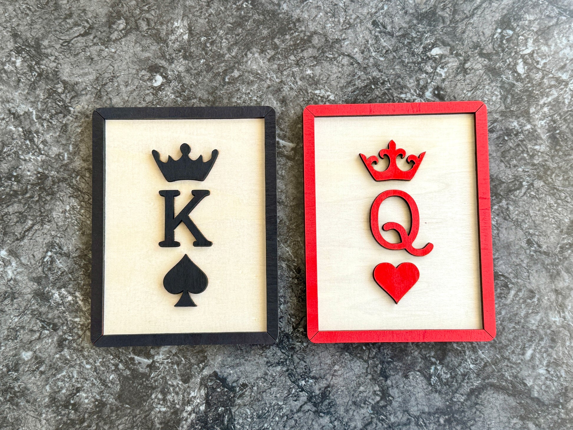 Wooden King and Queen wall sign set with playing card symbols – great for his and hers bathroom decor, bedroom, or kids’ doors.