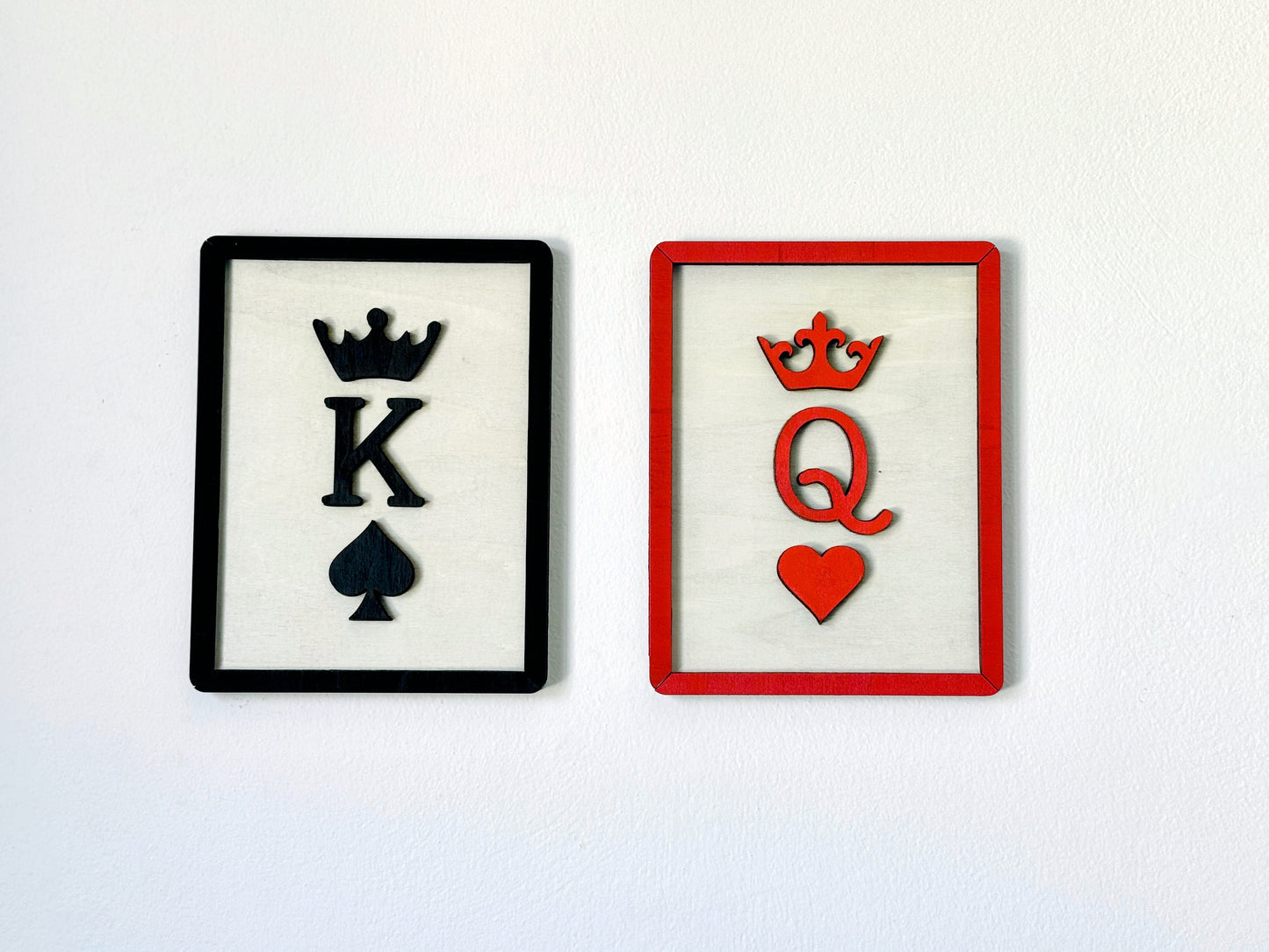 Wooden King and Queen wall sign set with playing card symbols – great for his and hers bathroom decor, bedroom, or kids’ doors.