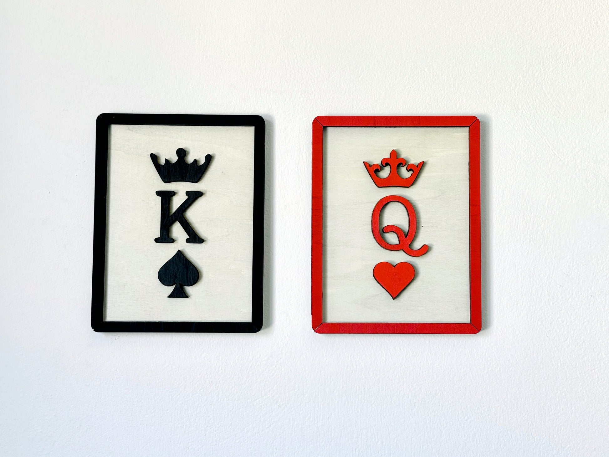 Wooden King and Queen wall sign set with playing card symbols – great for his and hers bathroom decor, bedroom, or kids’ doors.