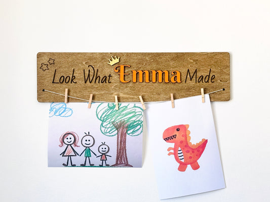 Personalized wooden kids artwork display sign, perfect for playroom and nursery wall decor.