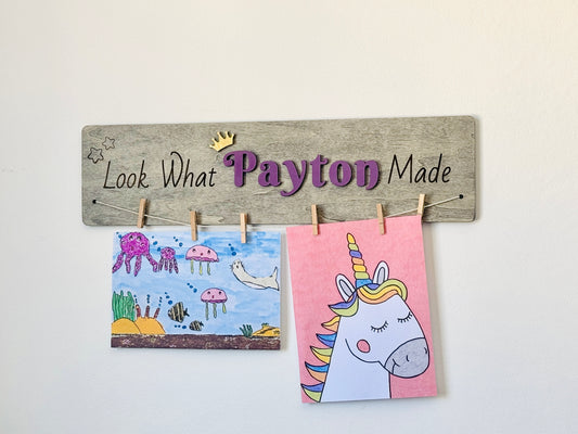 Personalized wooden kids artwork display sign, perfect for playroom and nursery wall decor.