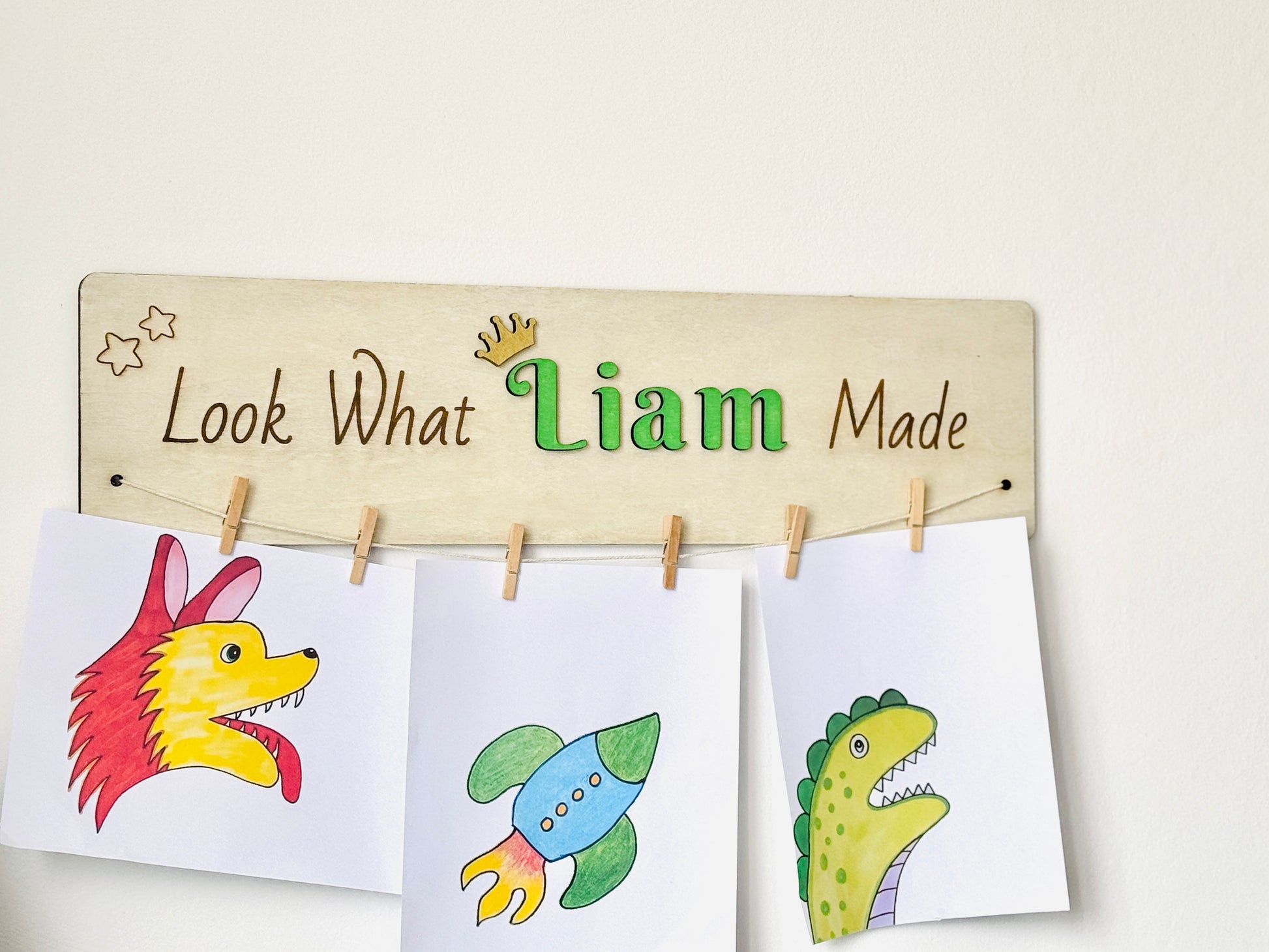 Personalized wooden kids artwork display sign, perfect for playroom and nursery wall decor.