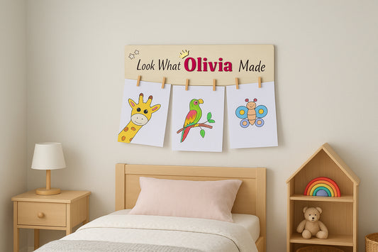 Personalized Kids Art Display Sign: Wooden Nursery Decor, "Look What I Made"