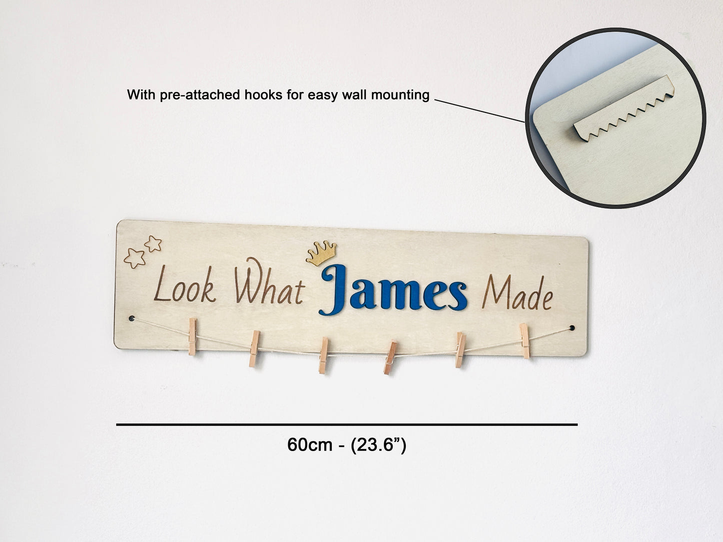 Personalized wooden kids artwork display sign, perfect for playroom and nursery wall decor.