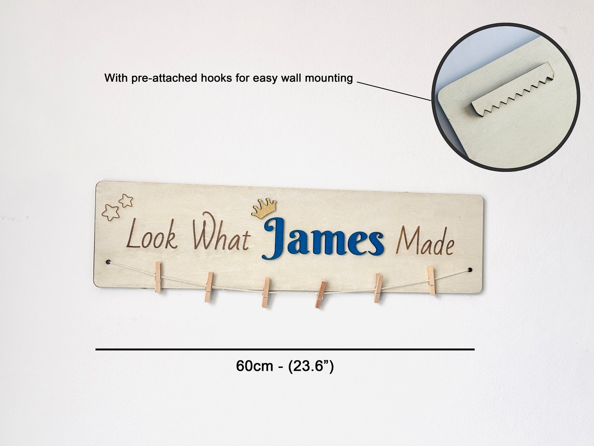 Personalized wooden kids artwork display sign, perfect for playroom and nursery wall decor.