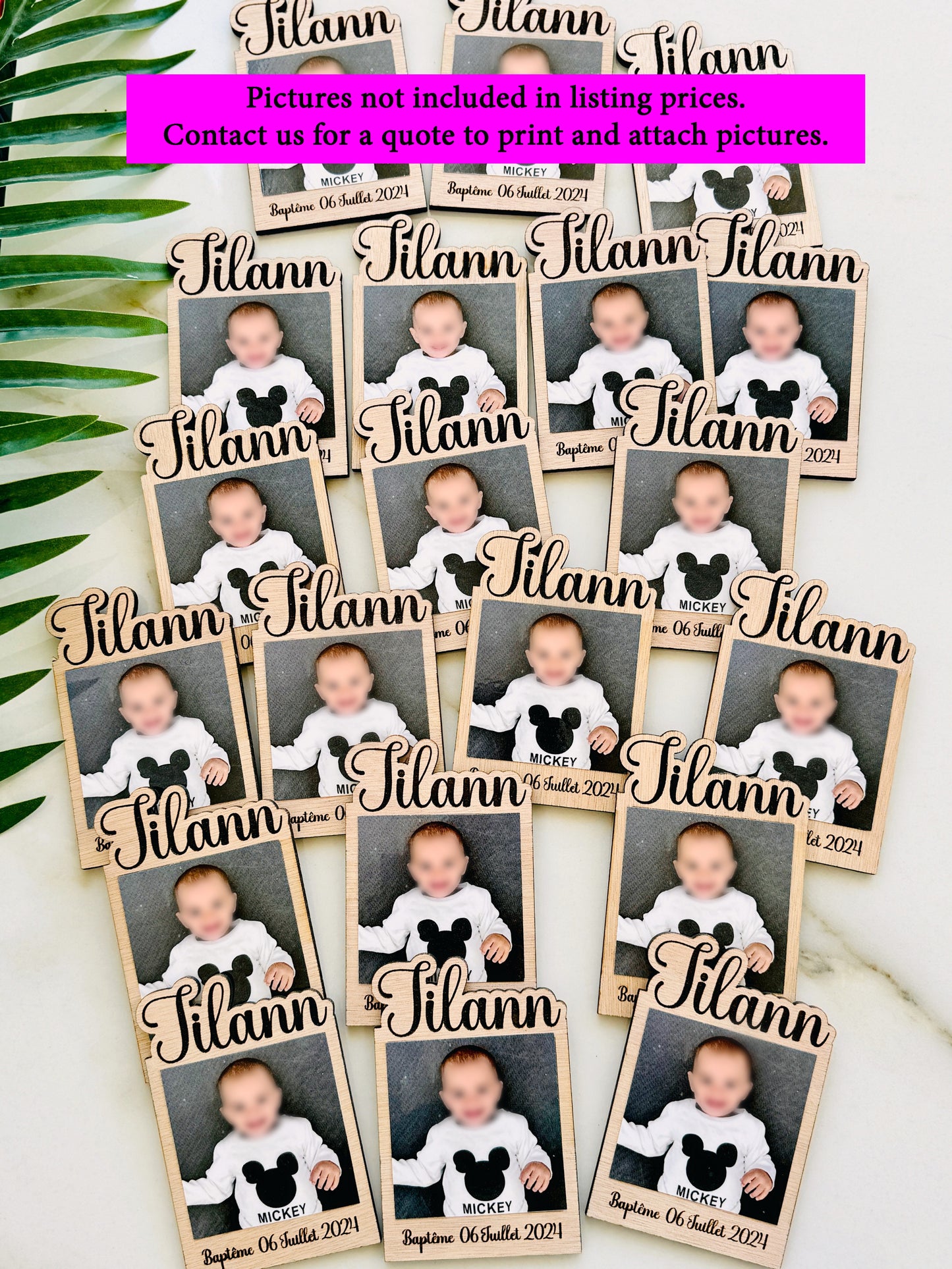 Engraved Wood Magnetic Photo Frame: Personalized Baptism, Sweet 16, Baby Shower Favors