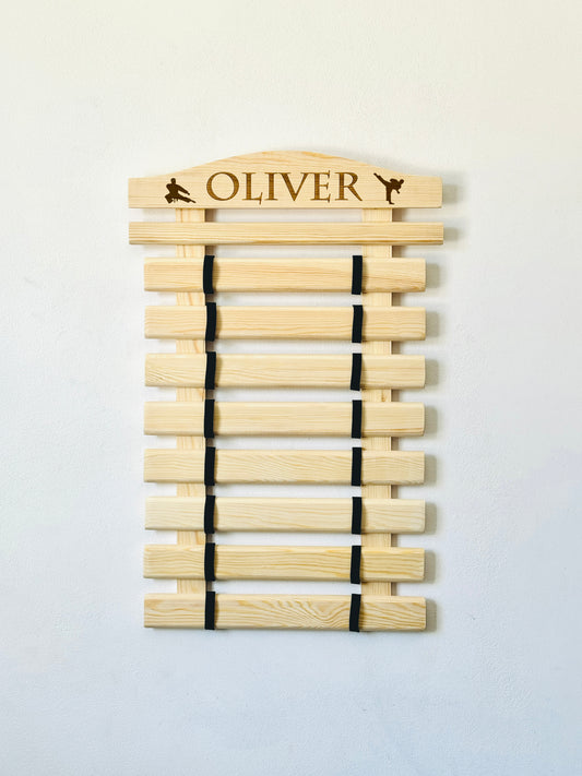 Personalized  karate belt display rack for martial arts, taekwondo, jiu-jitsu, BJJ, Solid Wood handmade organizer for showcasing earned belts.