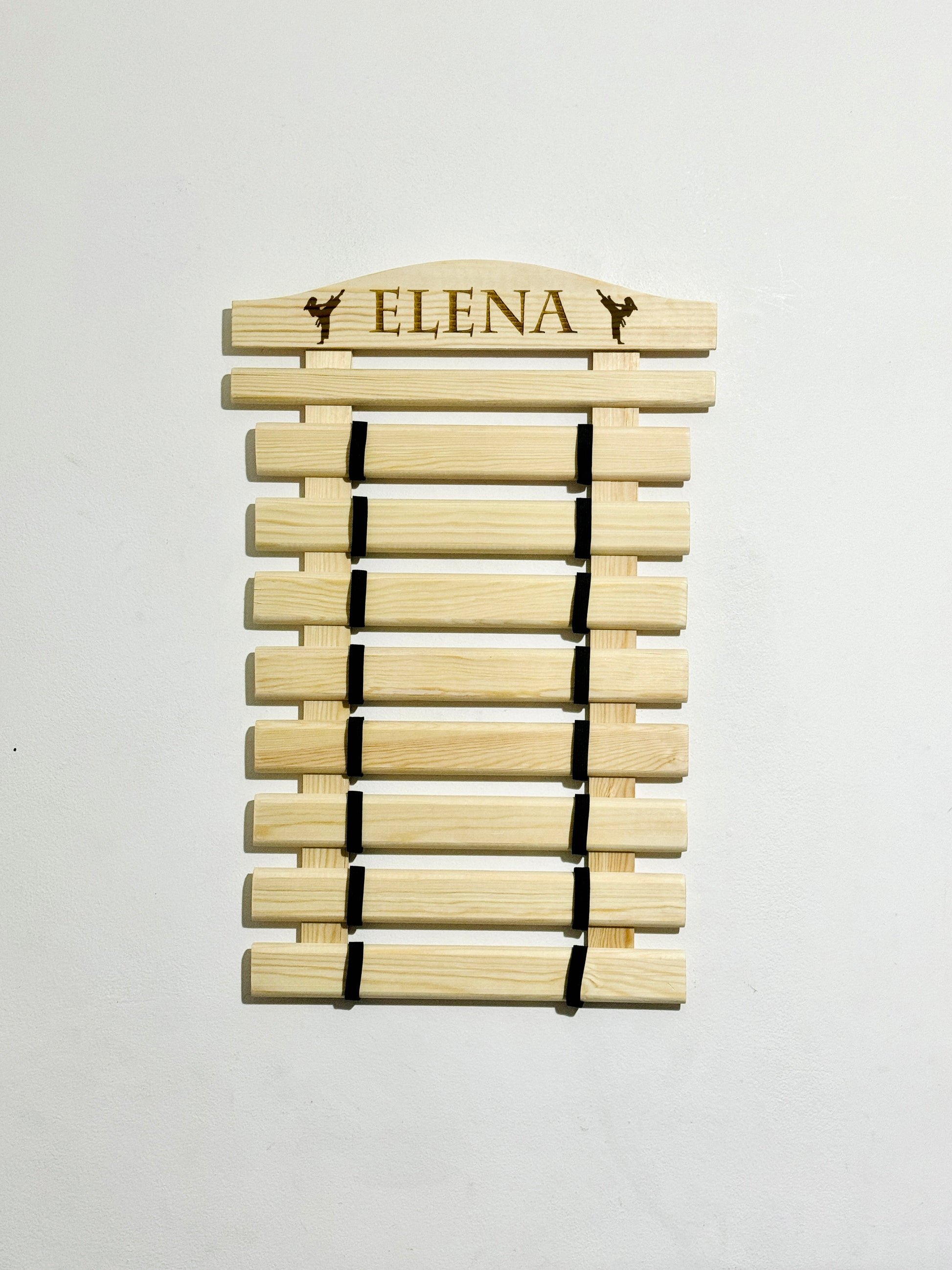 Personalized  karate belt display rack for martial arts, taekwondo, jiu-jitsu, BJJ, Solid Wood handmade organizer for showcasing earned belts.