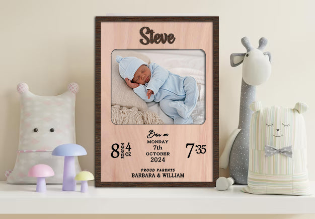 Personalized Newborn Birth Details Photo Frame: Engraved Wood Keepsake