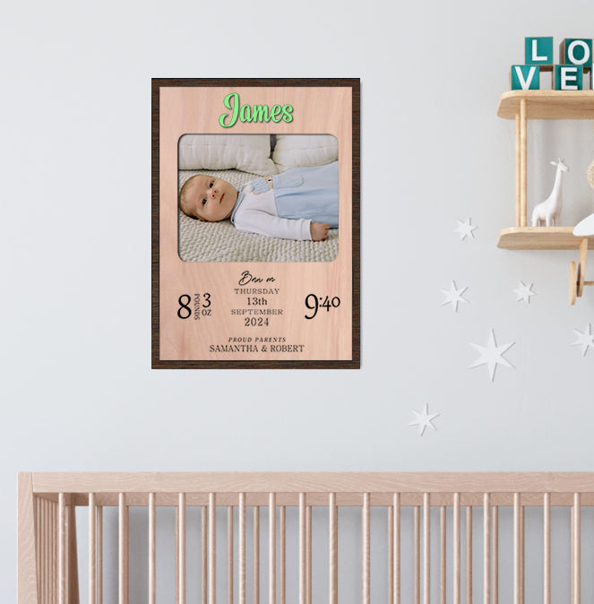 Personalized Newborn Birth Details Photo Frame: Engraved Wood Keepsake