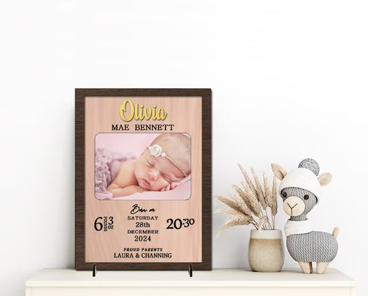 Personalized Newborn Birth Details Photo Frame: Engraved Wood Keepsake