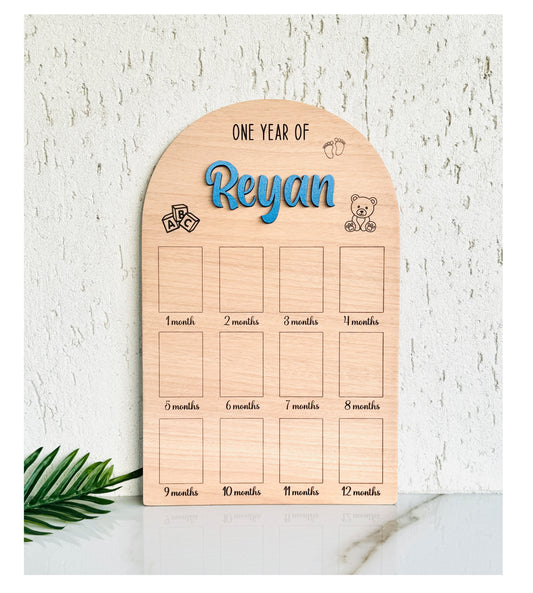 Personalized 1st Birthday Photo Collage: Wooden Milestone Board