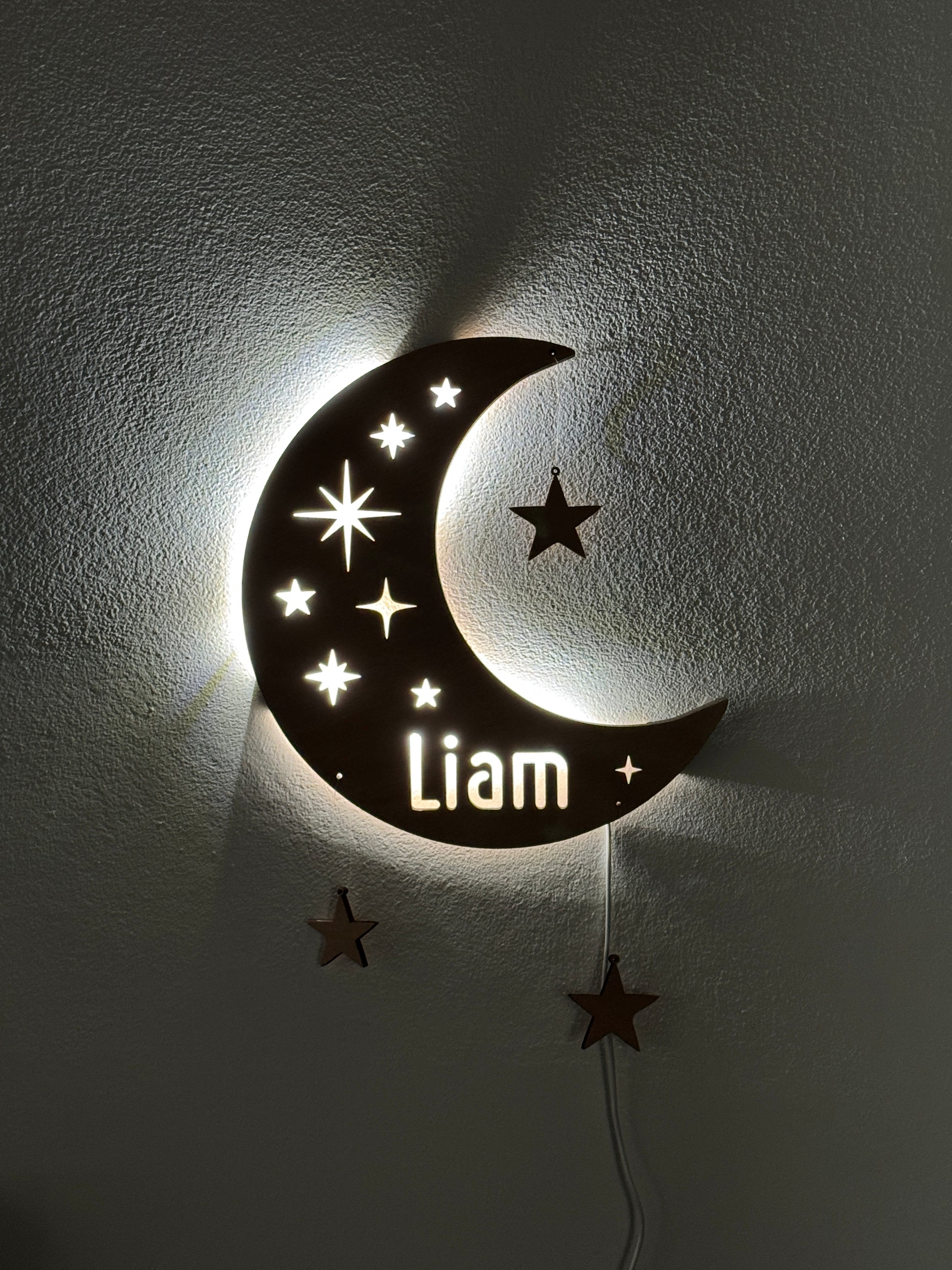 Personalized half moon LED wall light with name and hanging stars – perfect for nursery or kids’ room night light.