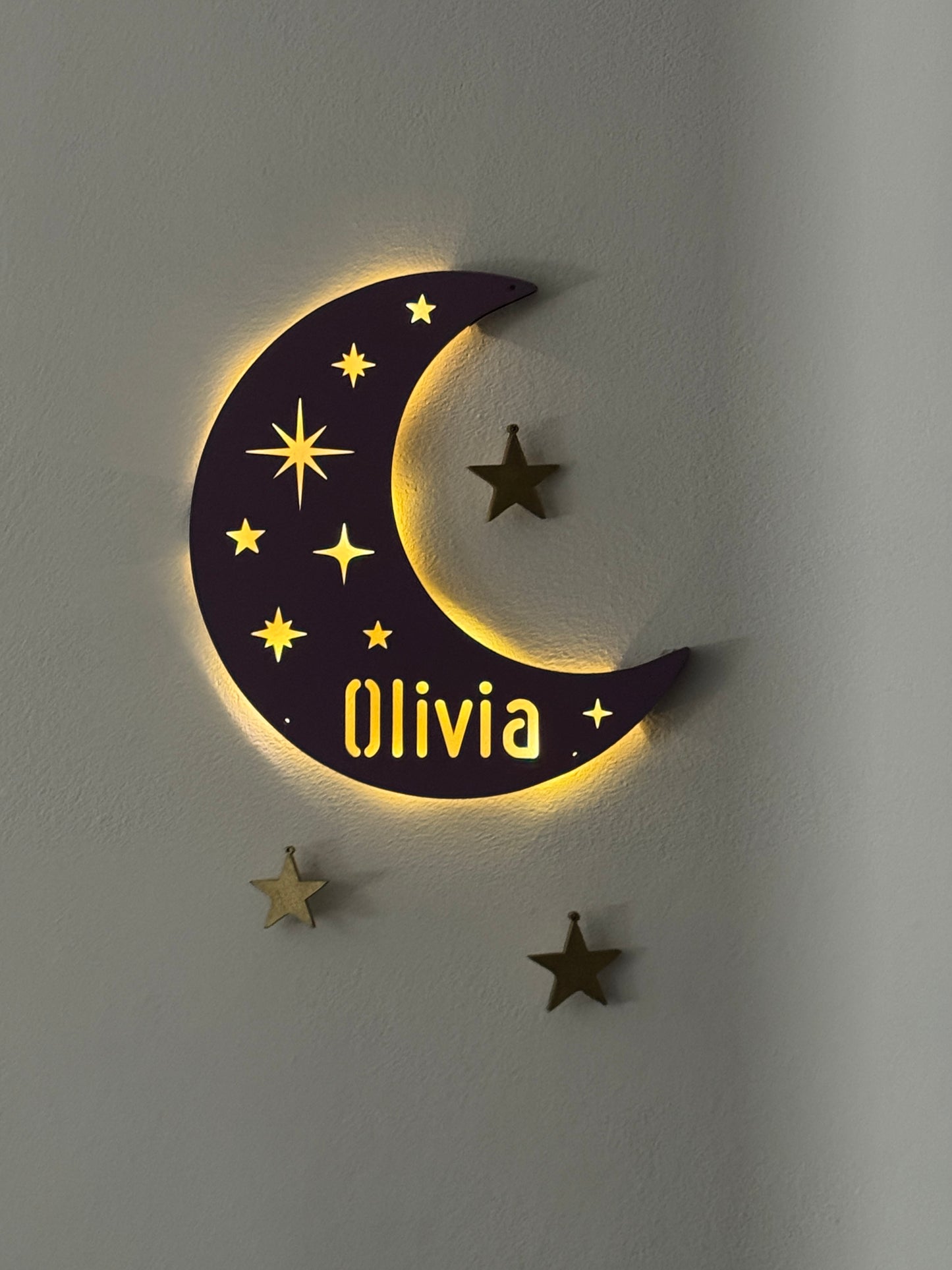 Personalized half moon LED wall light with name and hanging stars – perfect for nursery or kids’ room night light.