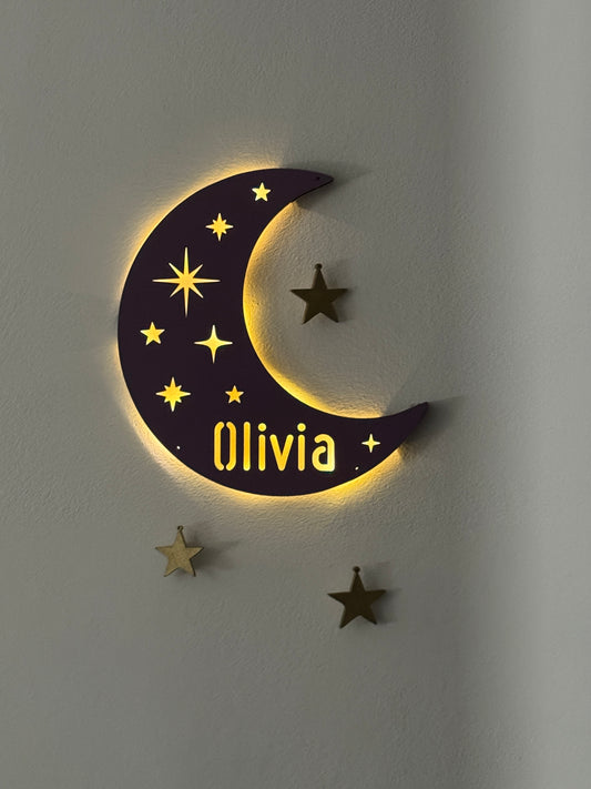 Personalized half moon LED wall light with name and hanging stars – perfect for nursery or kids’ room night light.