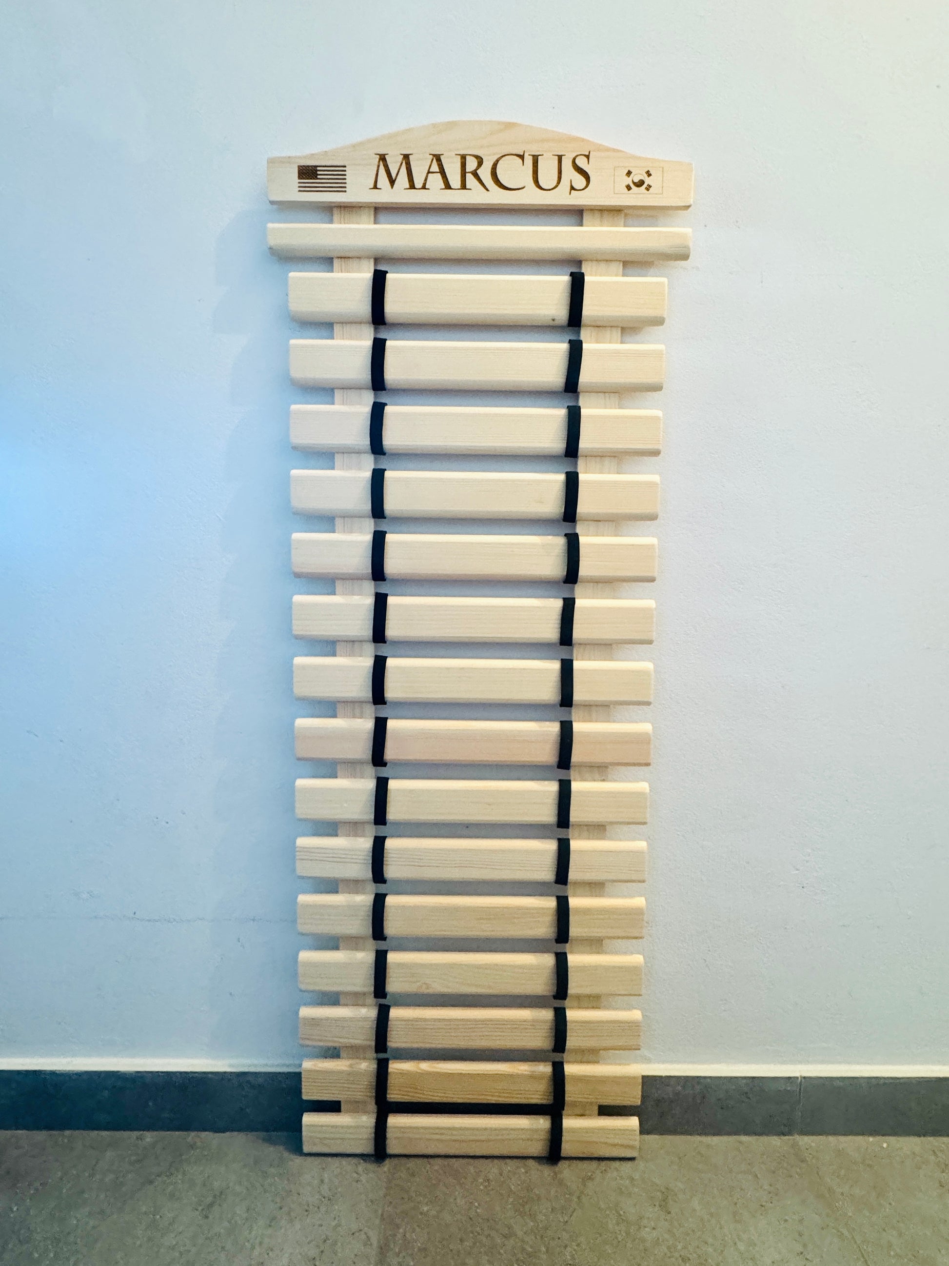 Personalized  karate belt display rack for martial arts, taekwondo, jiu-jitsu, BJJ, Solid Wood handmade organizer for showcasing earned belts.