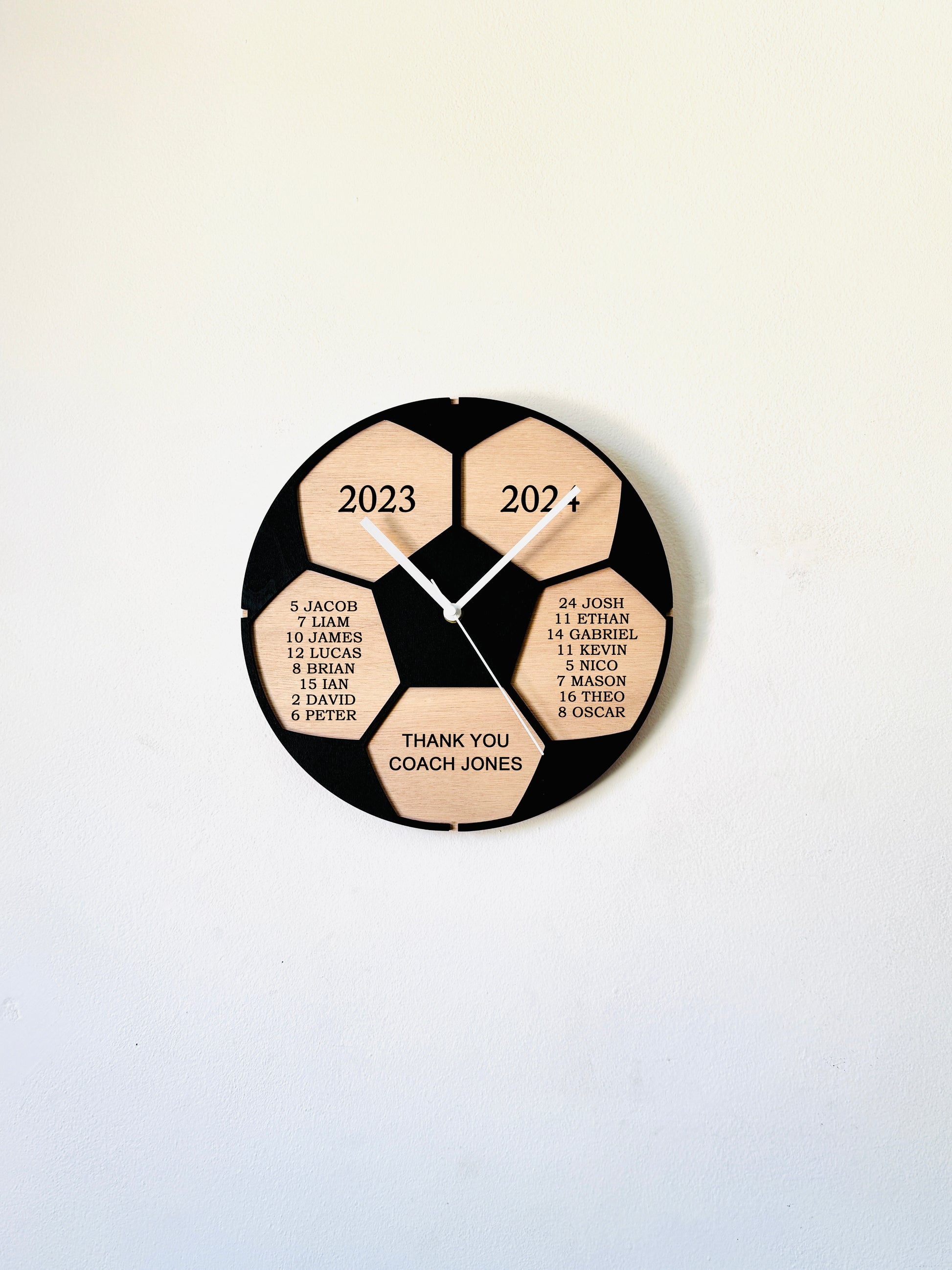 Personalized soccer coach wall clock sign with player names, custom football team thank you gift, end-of-season senior night award keepsake