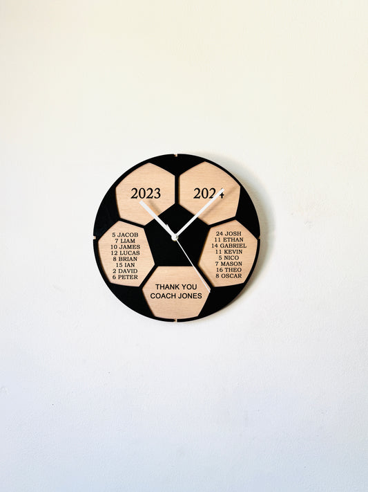 Personalized soccer coach wall clock sign with player names, custom football team thank you gift, end-of-season senior night award keepsake