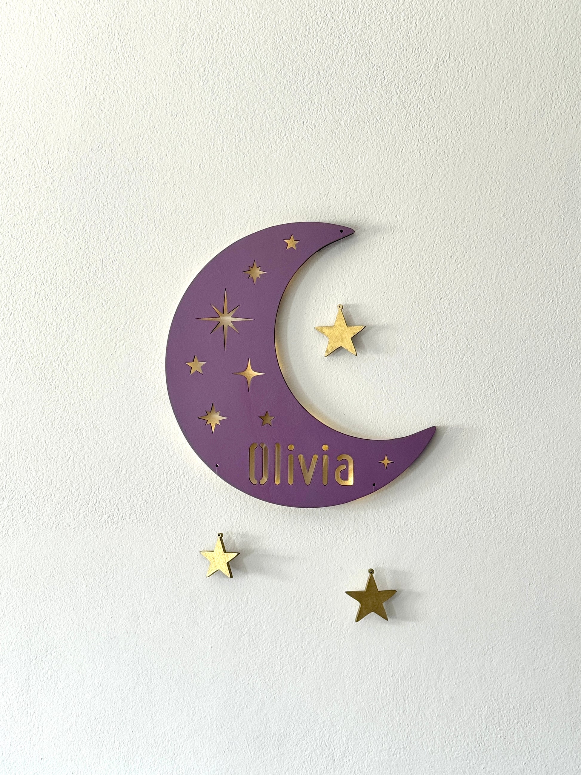Personalized half moon LED wall light with name and hanging stars – perfect for nursery or kids’ room night light.