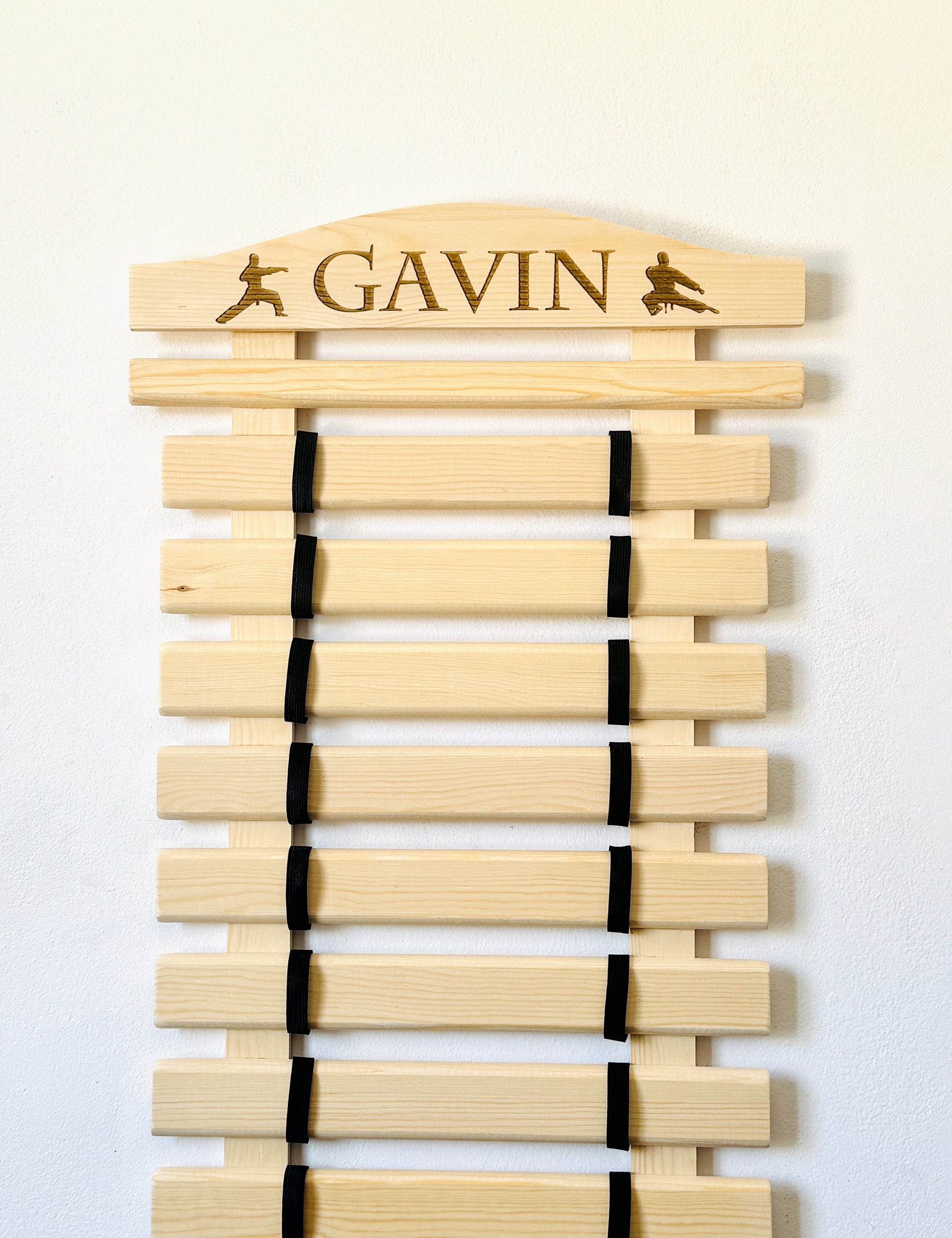 Personalized Karate Belt Display Solid Wood Martial Arts, Taekwondo, Jiu-Jitsu Organizer with engraved karate silhouettes next to the name
