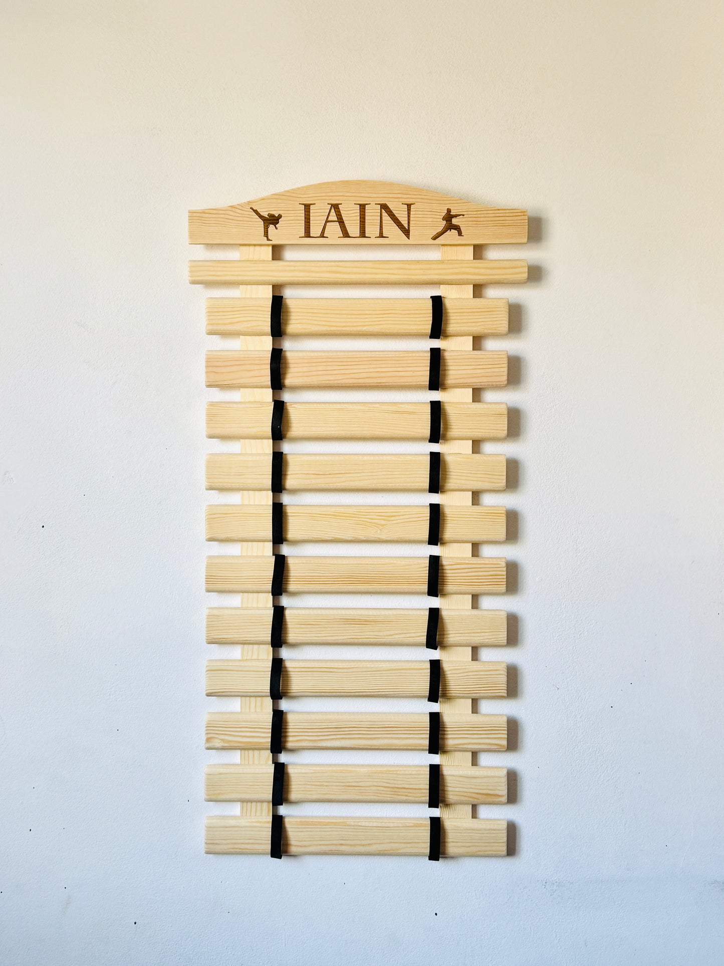 Personalized  karate belt display rack for martial arts, taekwondo, jiu-jitsu, BJJ, Solid Wood handmade organizer for showcasing earned belts.