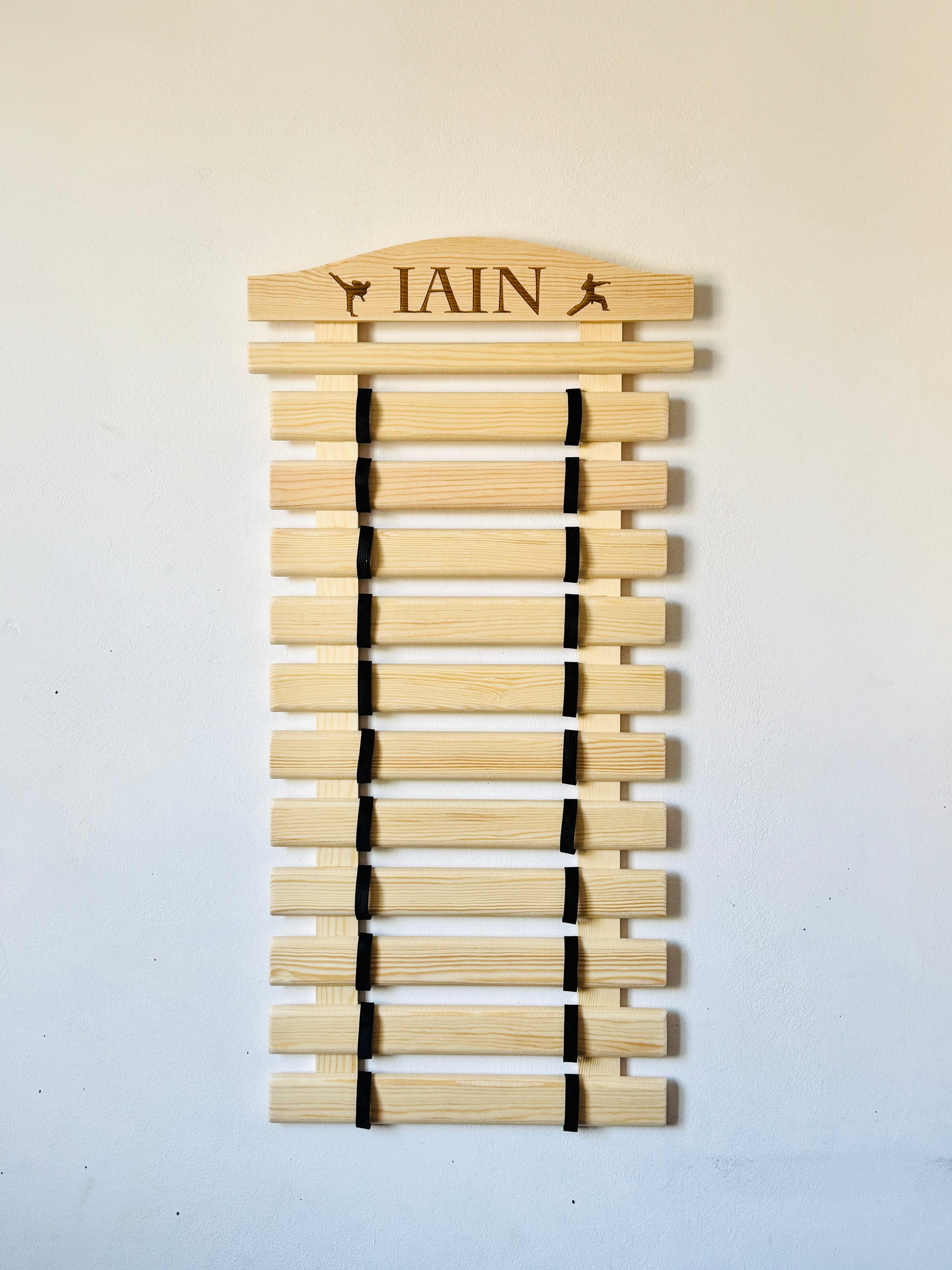 Personalized  karate belt display rack for martial arts, taekwondo, jiu-jitsu, BJJ, Solid Wood handmade organizer for showcasing earned belts.