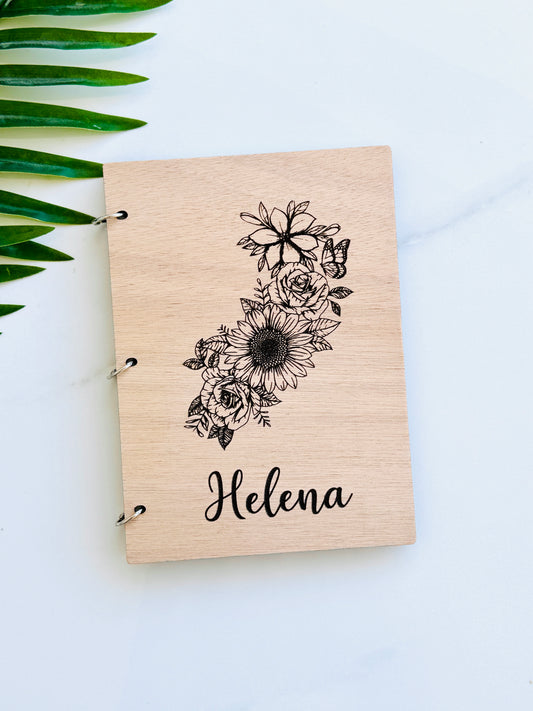 Personalized Sunflower Wooden Cover Notebook Custom Engraved Floral Journal