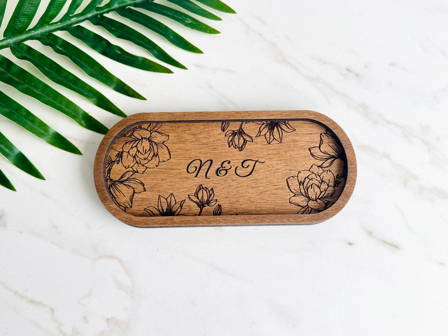 Wooden tray with floral designs and  initials engraving Personalized Wooden Jewelry Tray: Engraved Oval Floral Vanity Organizer