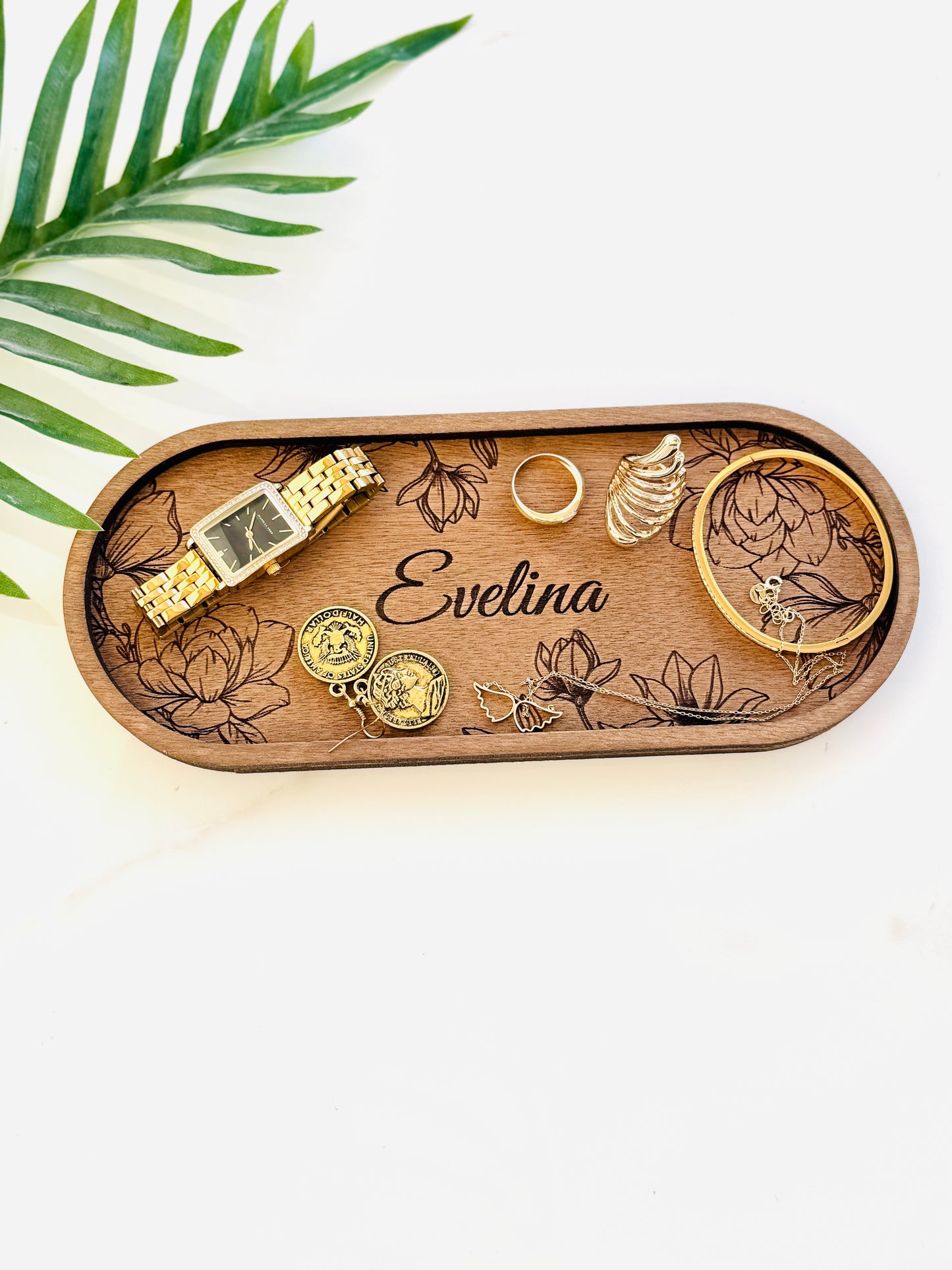 Personalized Wooden Jewelry Tray: Engraved Oval Floral Vanity Organizer