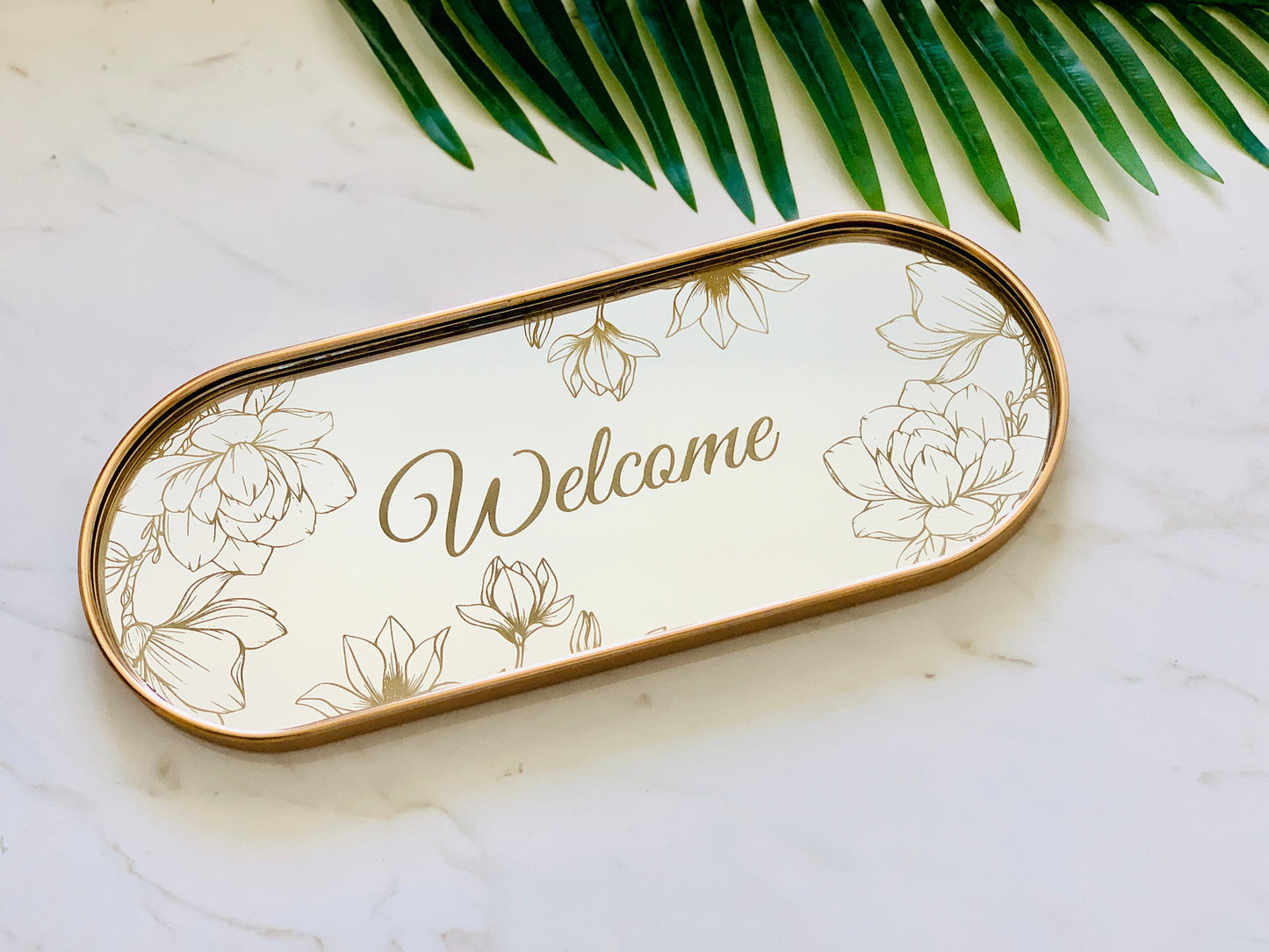 Personalized oval gold jewelry mirror tray with engraved magnolia flowers and custom name, elegant vanity organizer for women