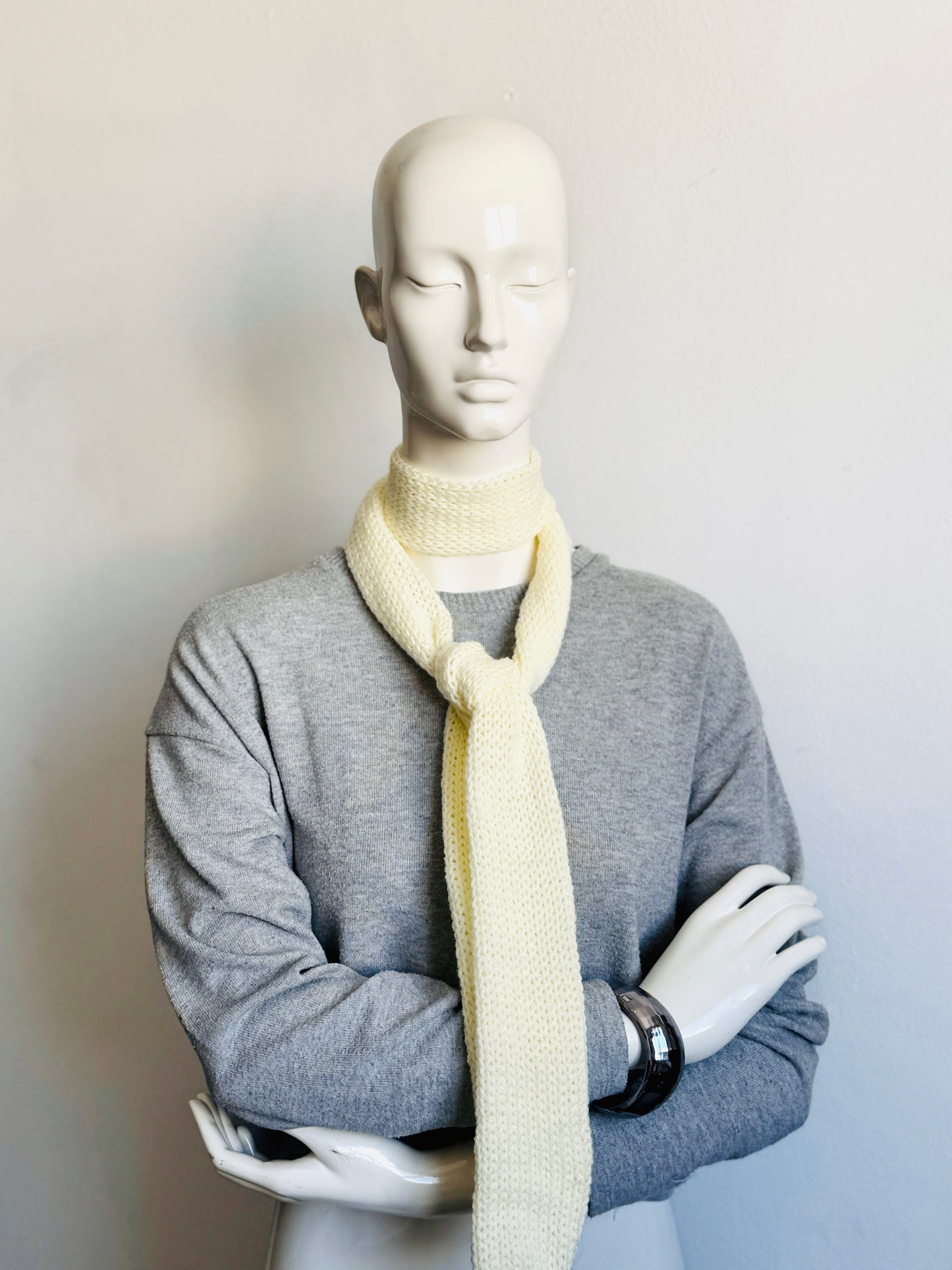  Handmade off-white skinny scarf, creamy ivory knitted long thin winter scarf for women.