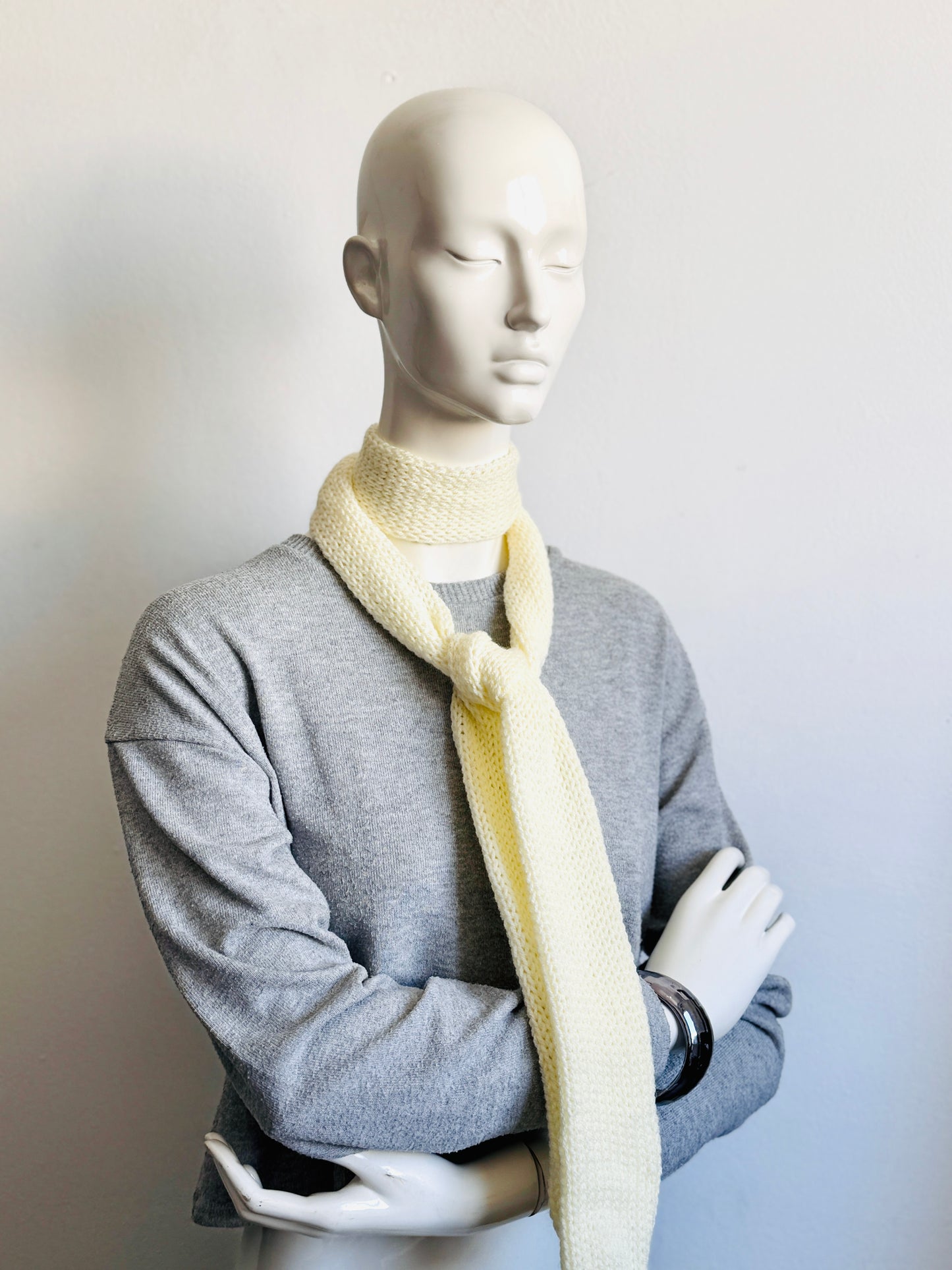  Handmade off-white skinny scarf, creamy ivory knitted long thin winter scarf for women.