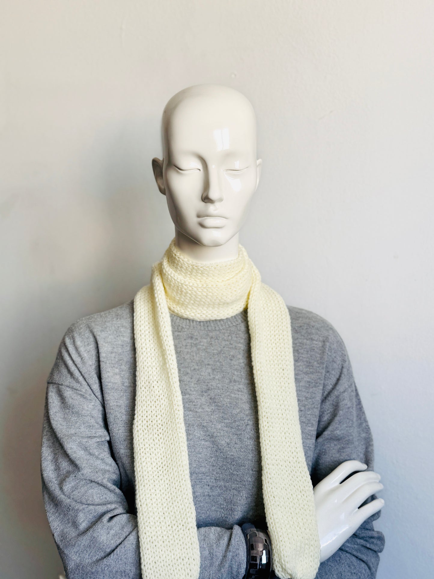  Handmade off-white skinny scarf, creamy ivory knitted long thin winter scarf for women.