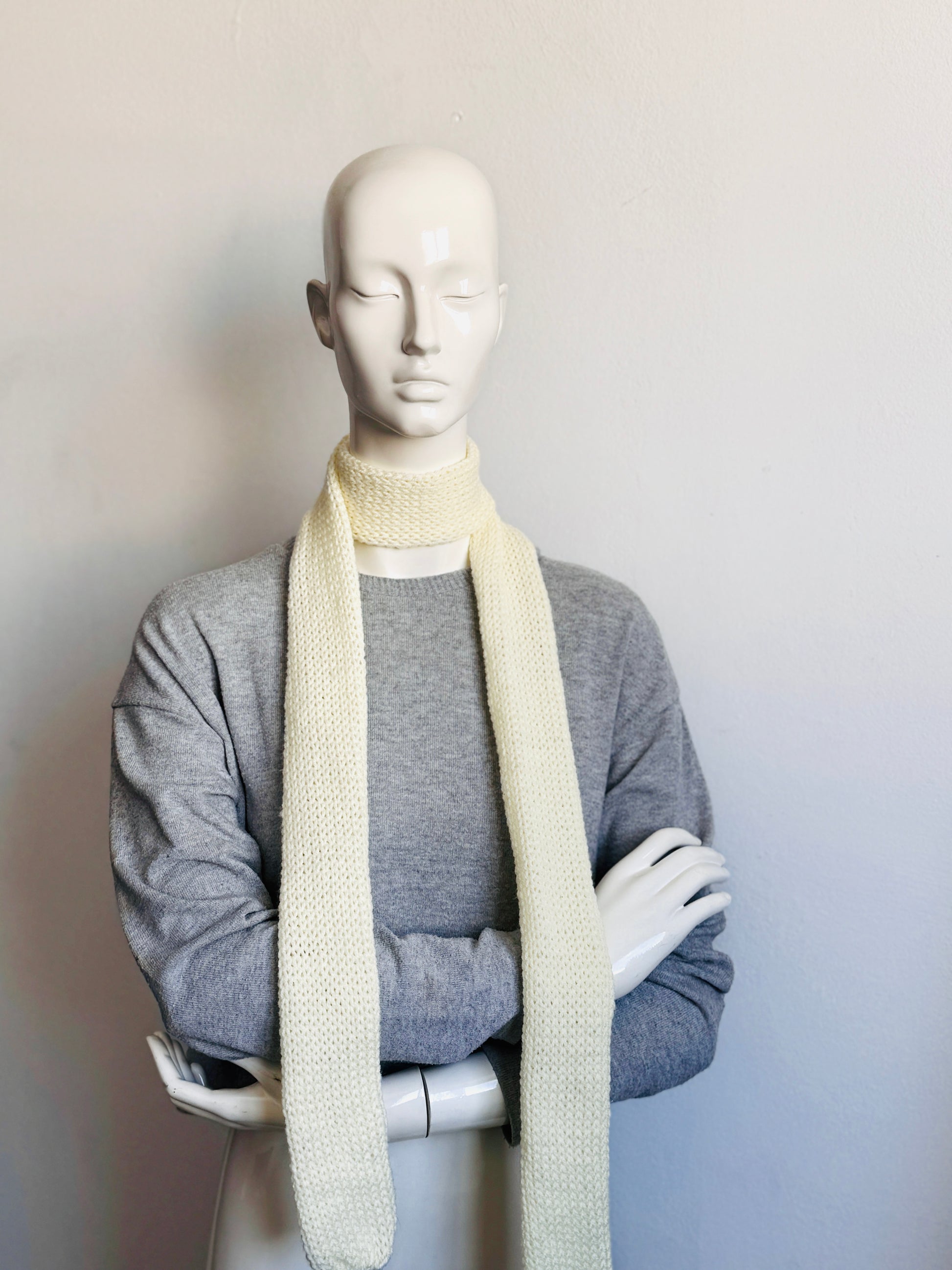  Handmade off-white skinny scarf, creamy ivory knitted long thin winter scarf for women.