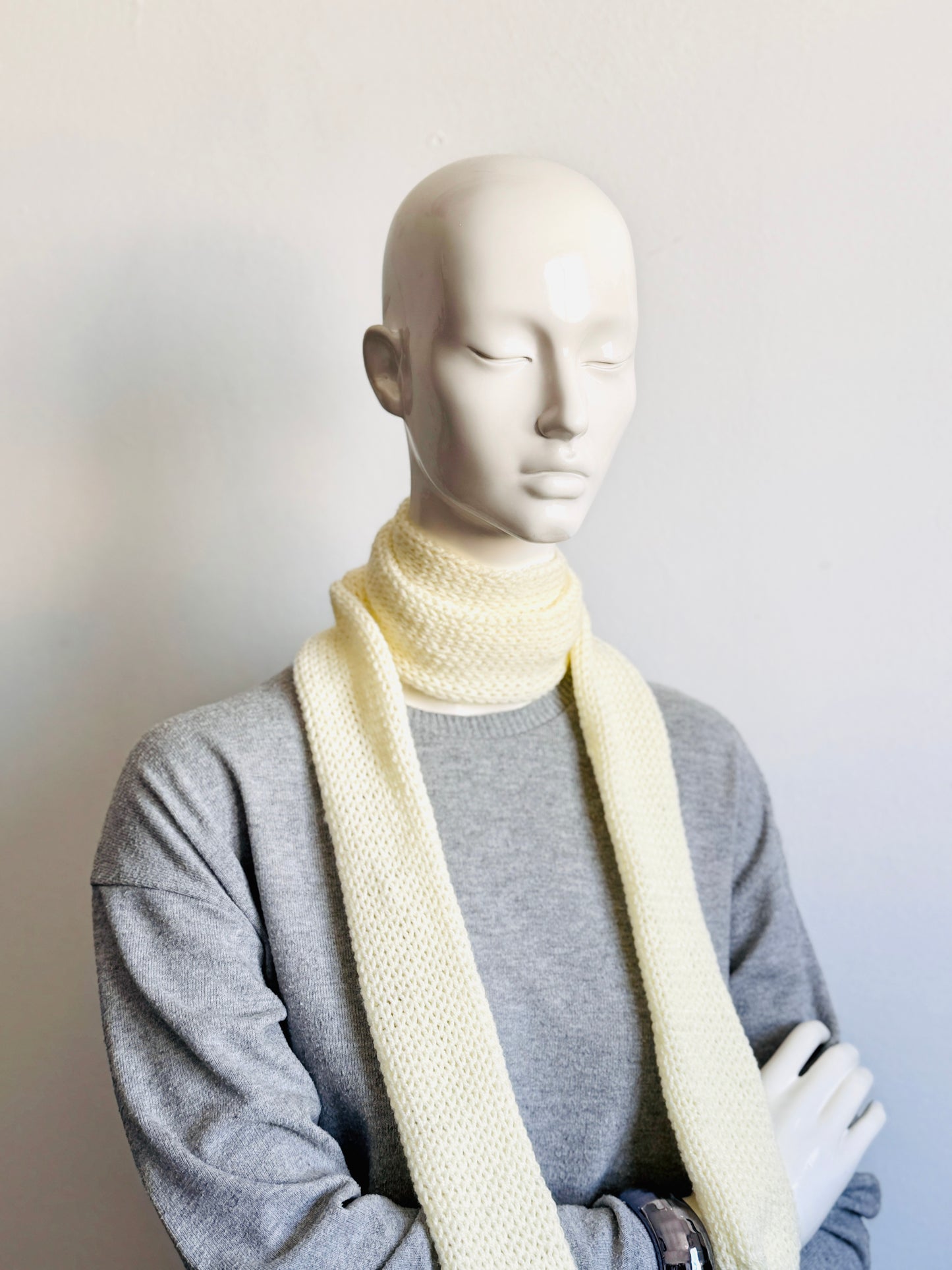  Handmade off-white skinny scarf, creamy ivory knitted long thin winter scarf for women.
