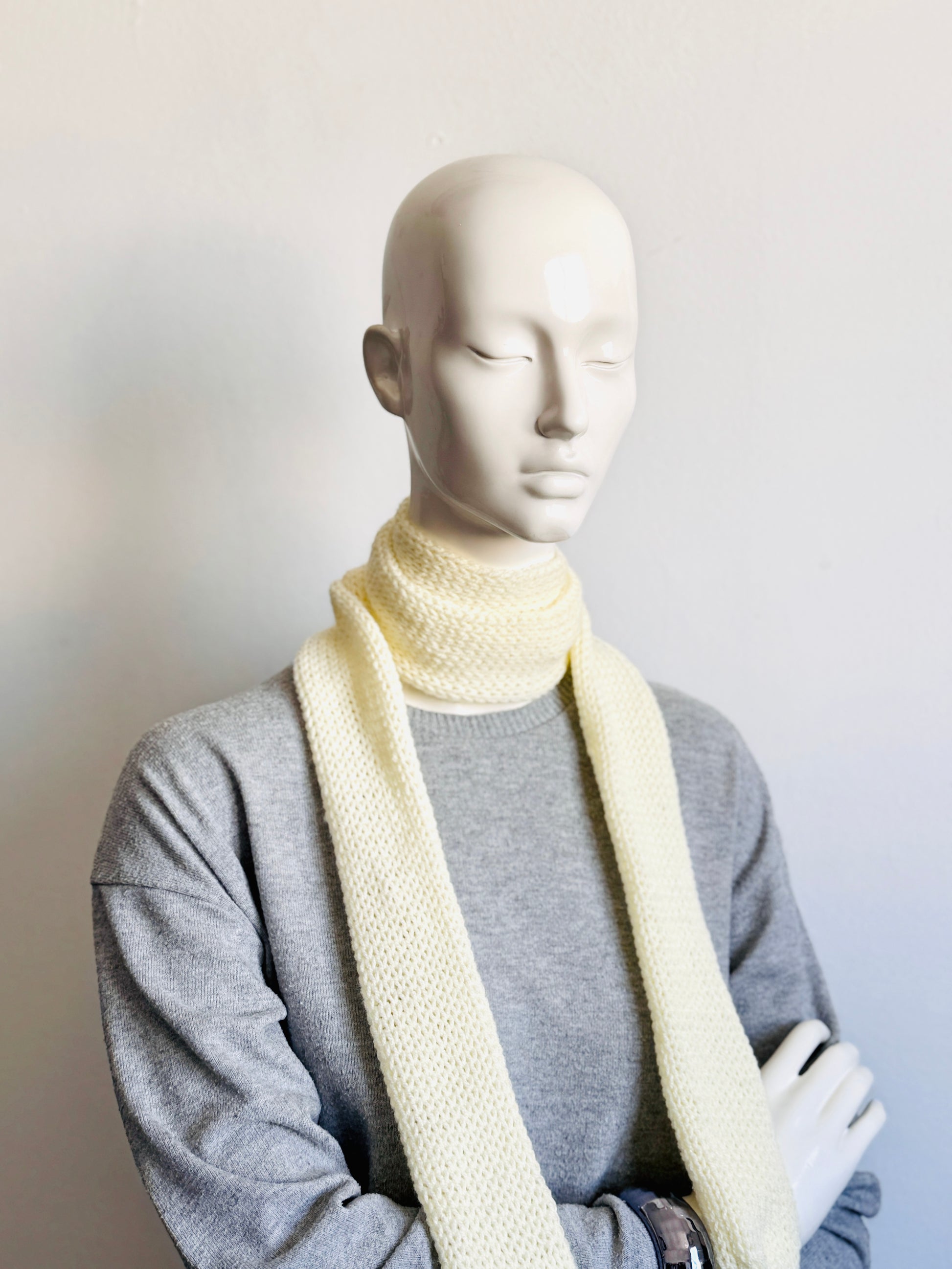  Handmade off-white skinny scarf, creamy ivory knitted long thin winter scarf for women.