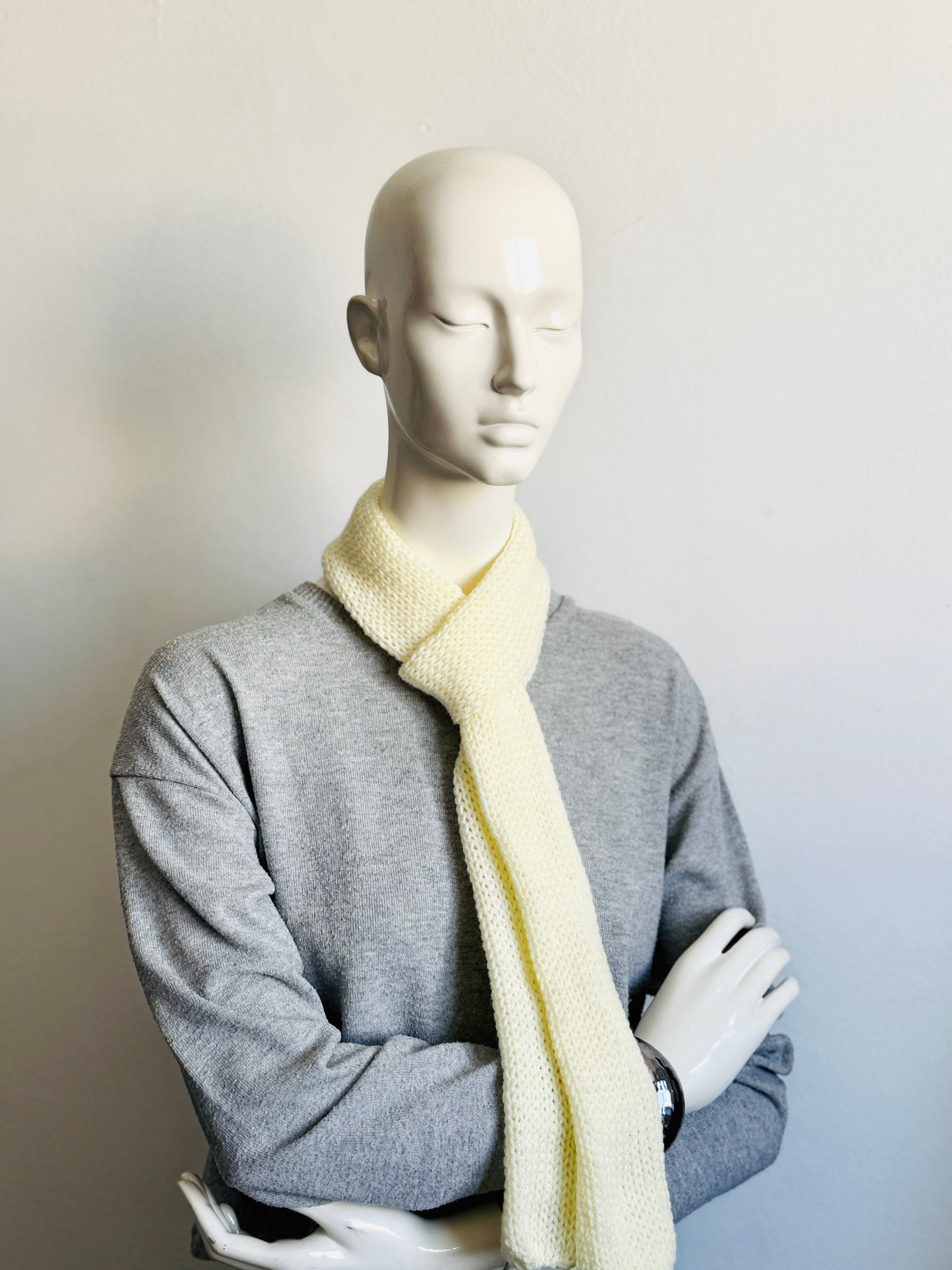 Handmade off-white skinny scarf, creamy ivory knitted long thin winter scarf for women.