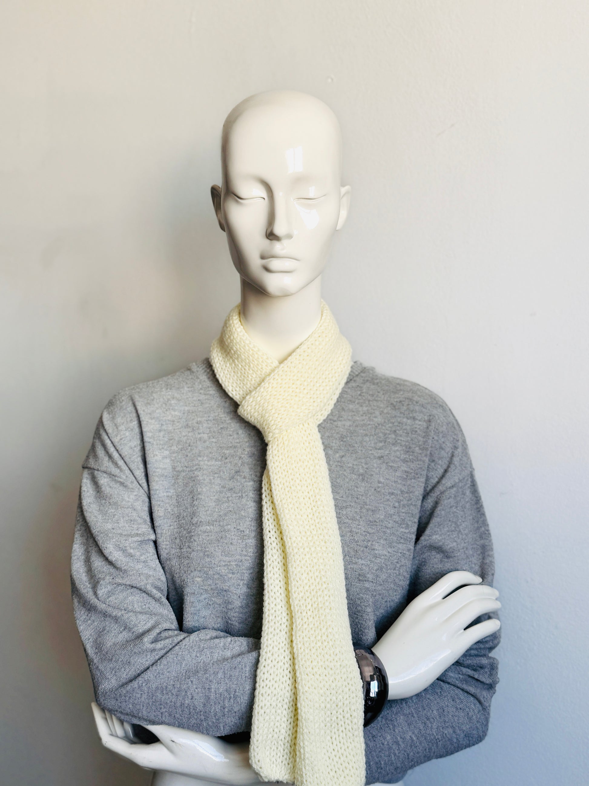  Handmade off-white skinny scarf, creamy ivory knitted long thin winter scarf for women.