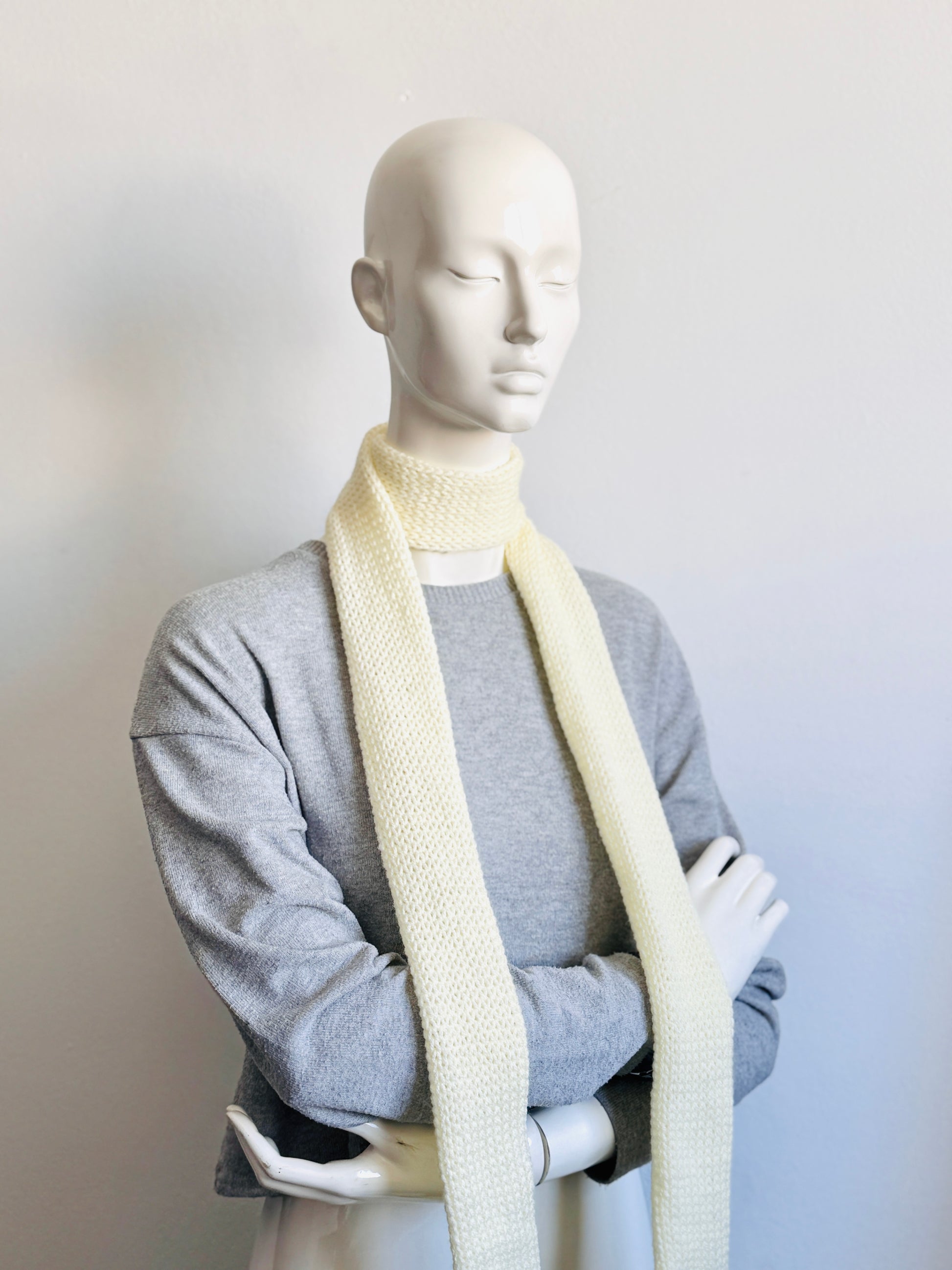  Handmade off-white skinny scarf, creamy ivory knitted long thin winter scarf for women.