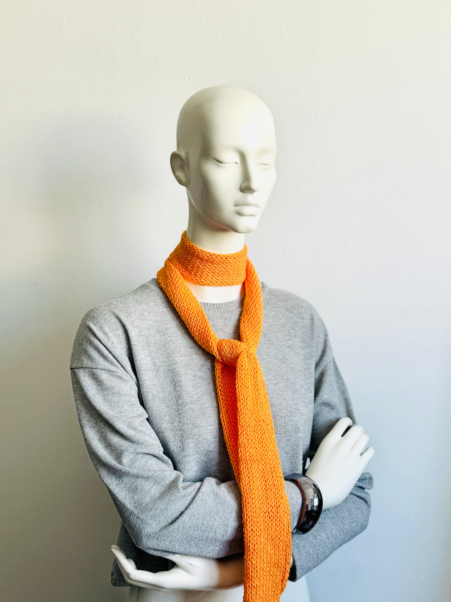 Skinny Scarf, Orange Skinny Knit Scarf, Handmade Tangerine Long Scarf Tie, Carrot Orange Double Sided Tube Thin Scarf, Women Knitted Scarves
