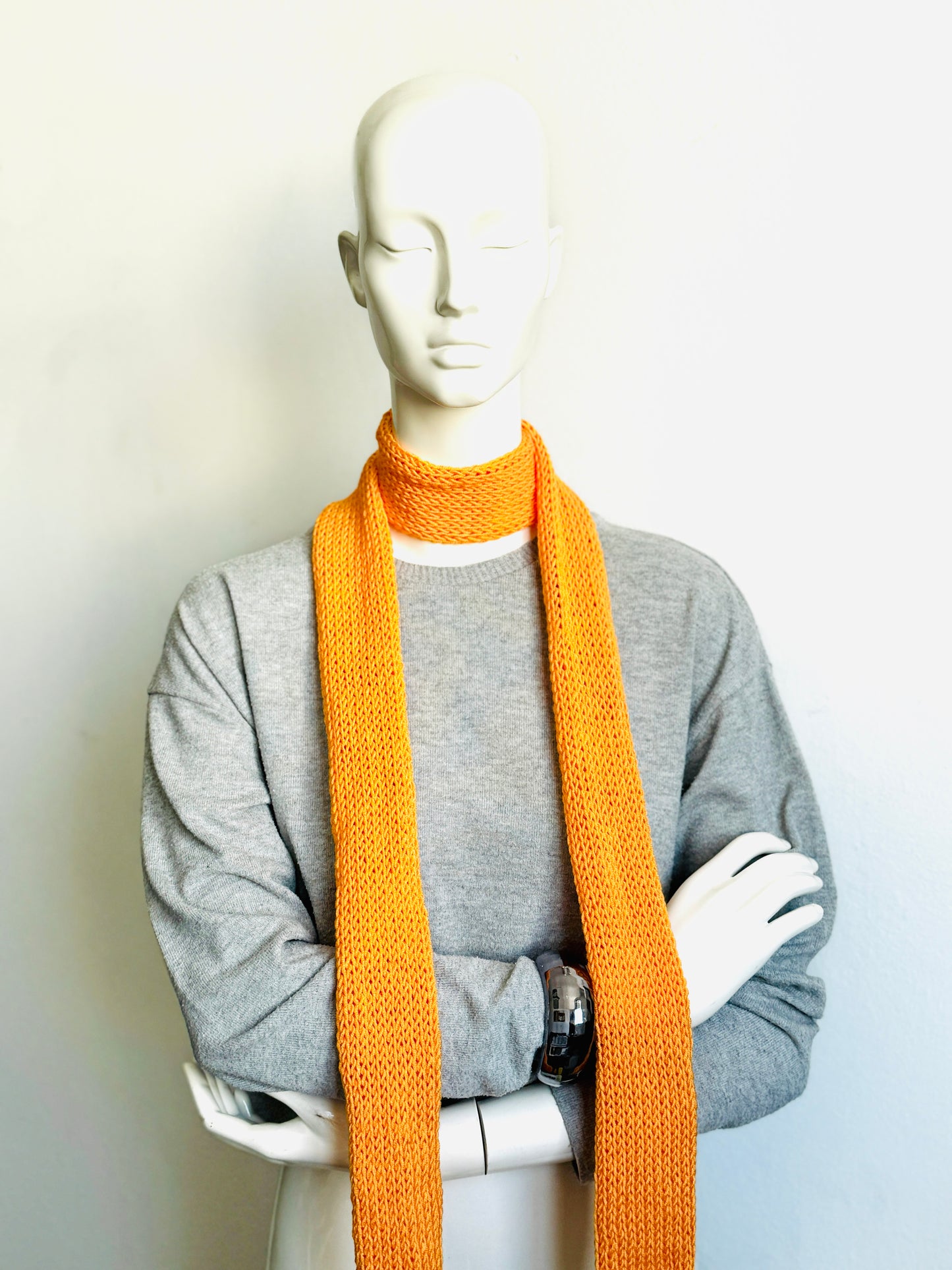 Skinny Scarf, Orange Skinny Knit Scarf, Handmade Tangerine Long Scarf Tie, Carrot Orange Double Sided Tube Thin Scarf, Women Knitted Scarves