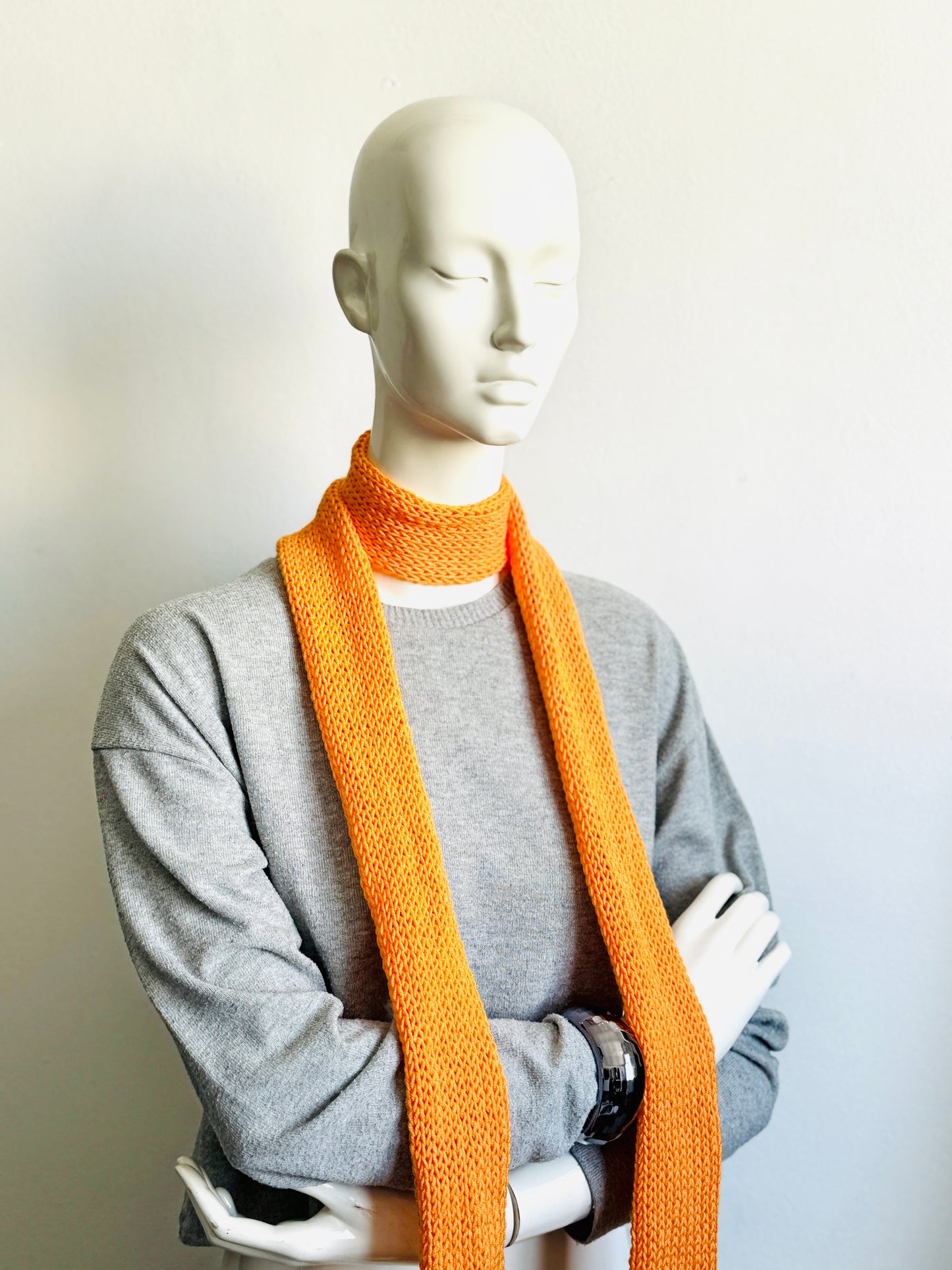 Skinny Scarf, Orange Skinny Knit Scarf, Handmade Tangerine Long Scarf Tie, Carrot Orange Double Sided Tube Thin Scarf, Women Knitted Scarves