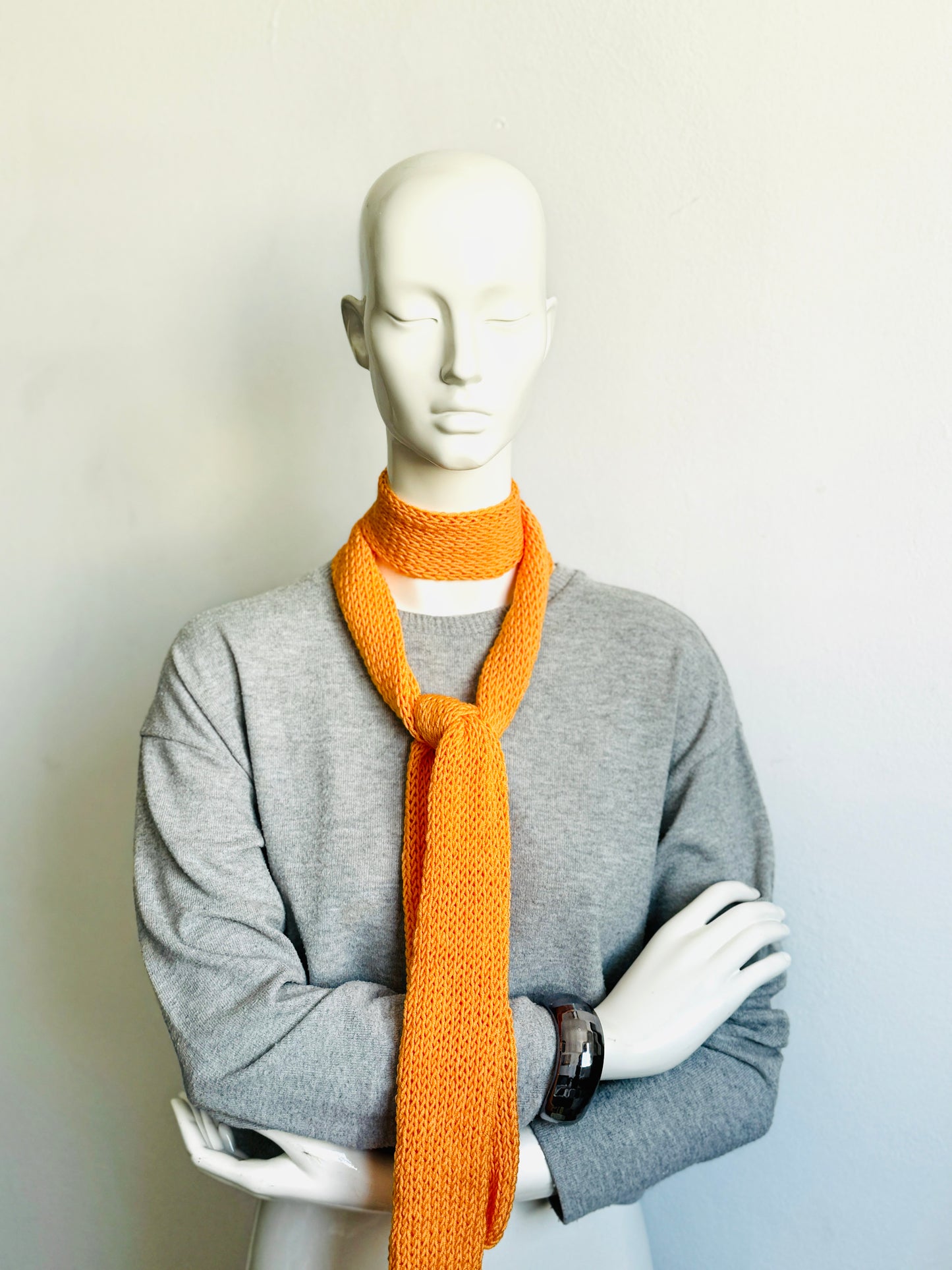 Skinny Scarf, Orange Skinny Knit Scarf, Handmade Tangerine Long Scarf Tie, Carrot Orange Double Sided Tube Thin Scarf, Women Knitted Scarves