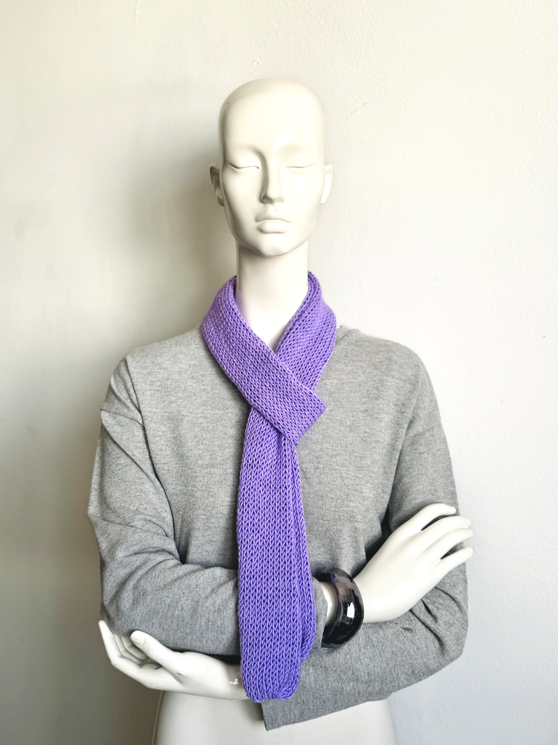  Handmade lilac skinny scarf, knitted lavender long thin winter scarf for women.