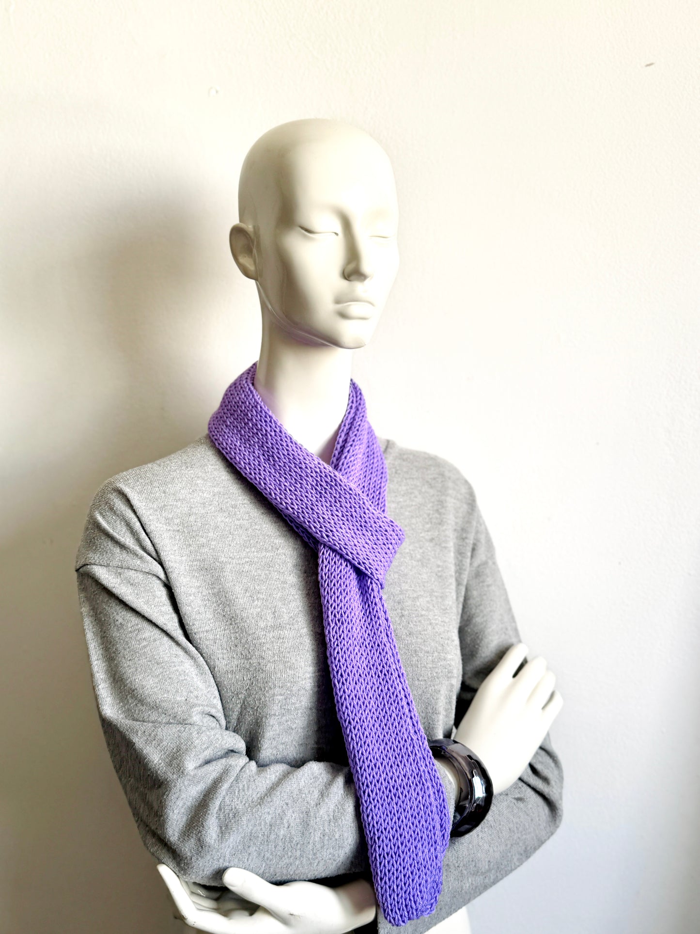  Handmade lilac skinny scarf, knitted lavender long thin winter scarf for women.